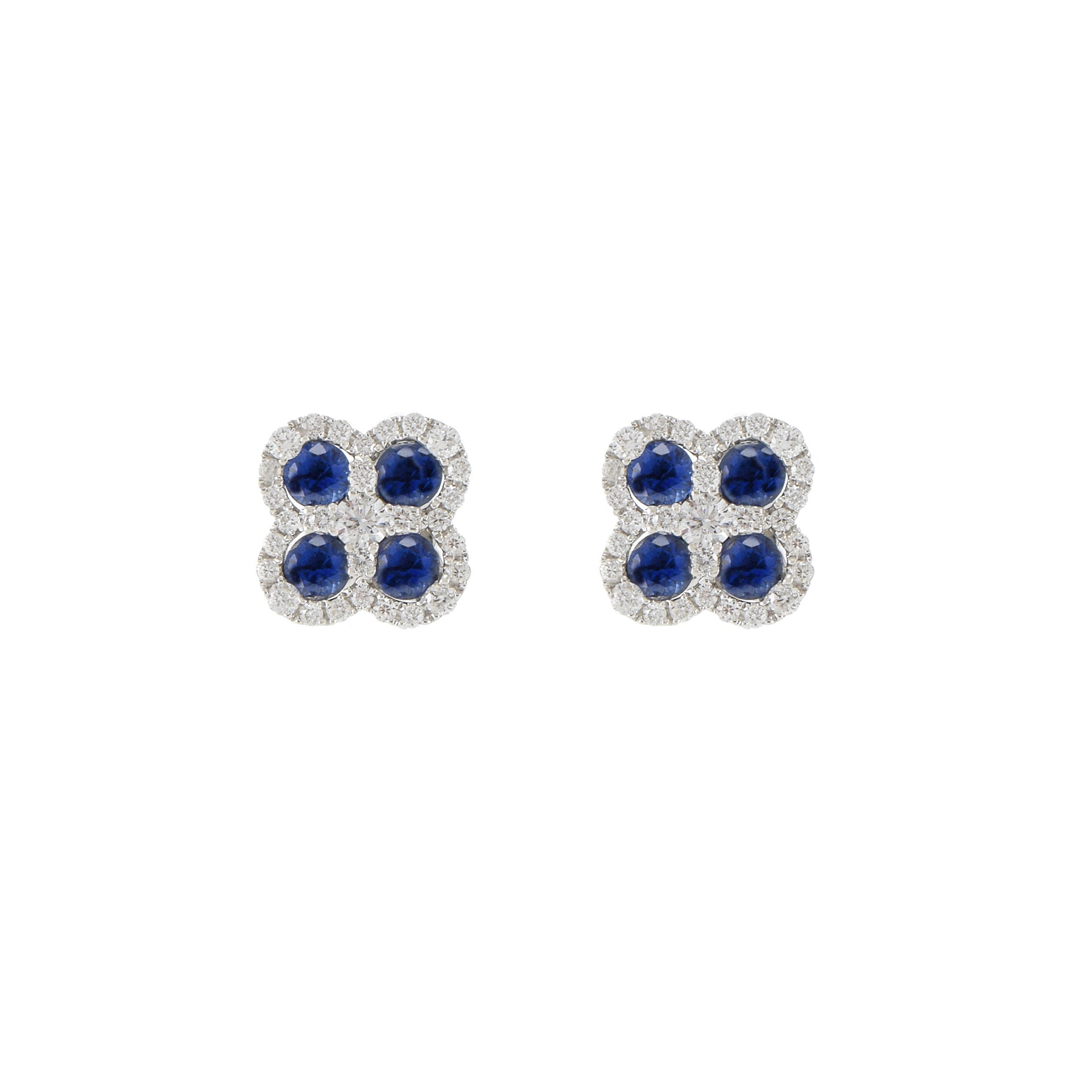 18KT White Gold Round Cut Blue Sapphire And Diamond Clover Earrings