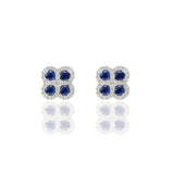 18KT White Gold Round Cut Blue Sapphire And Diamond Clover Earrings