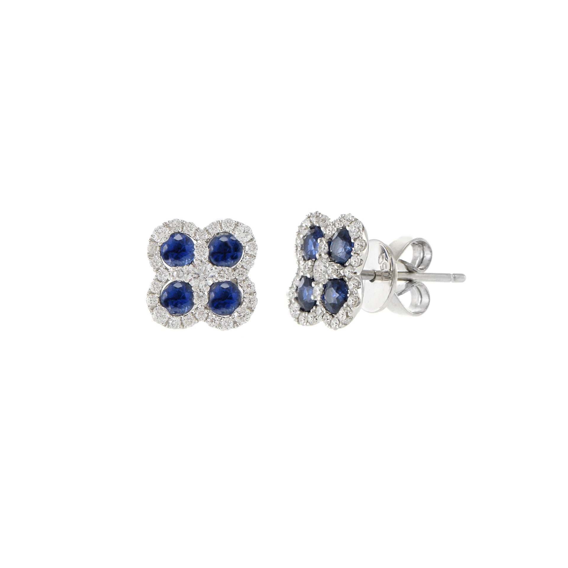 18KT White Gold Round Cut Blue Sapphire And Diamond Clover Earrings