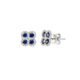 18KT White Gold Round Cut Blue Sapphire And Diamond Clover Earrings