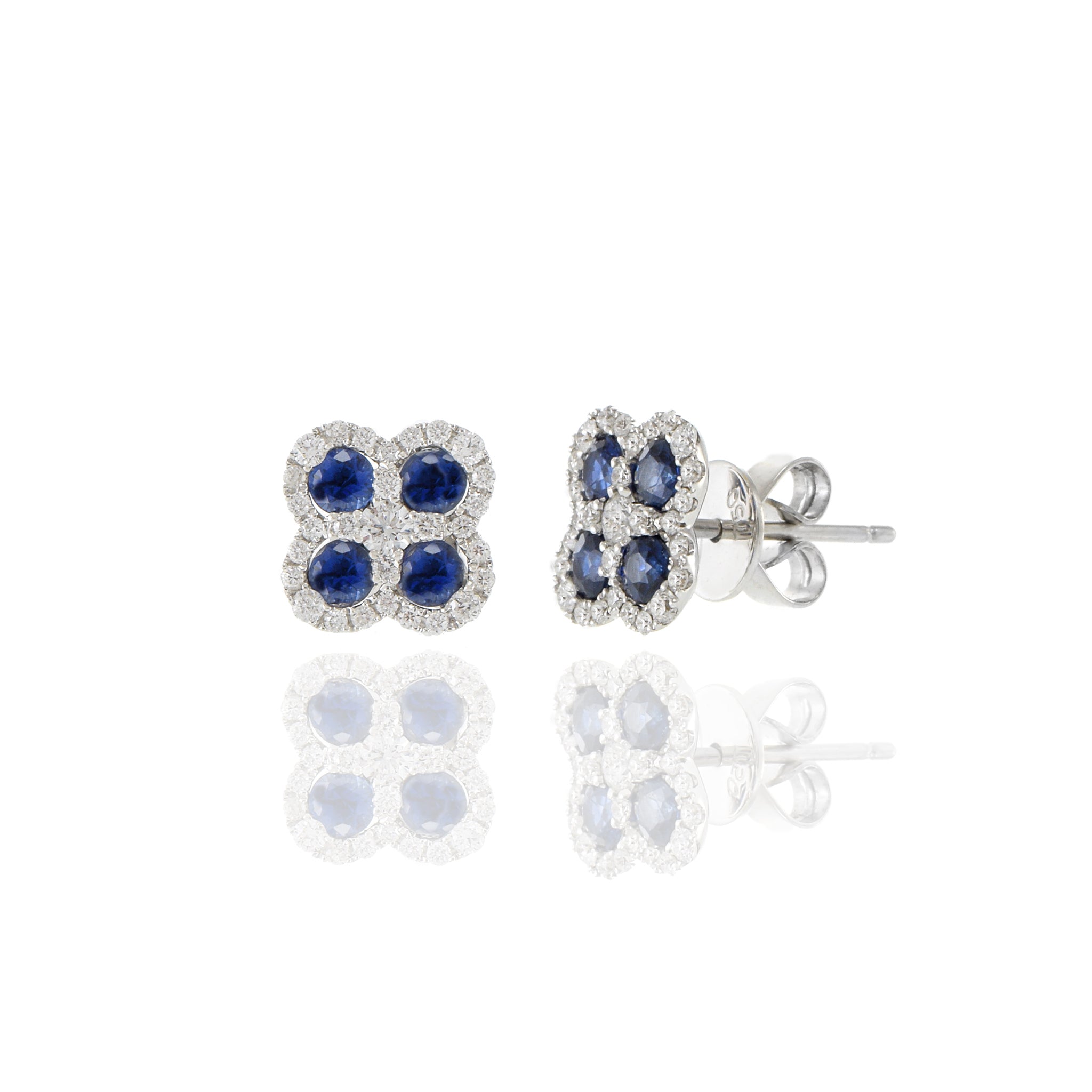 18KT White Gold Round Cut Blue Sapphire And Diamond Clover Earrings