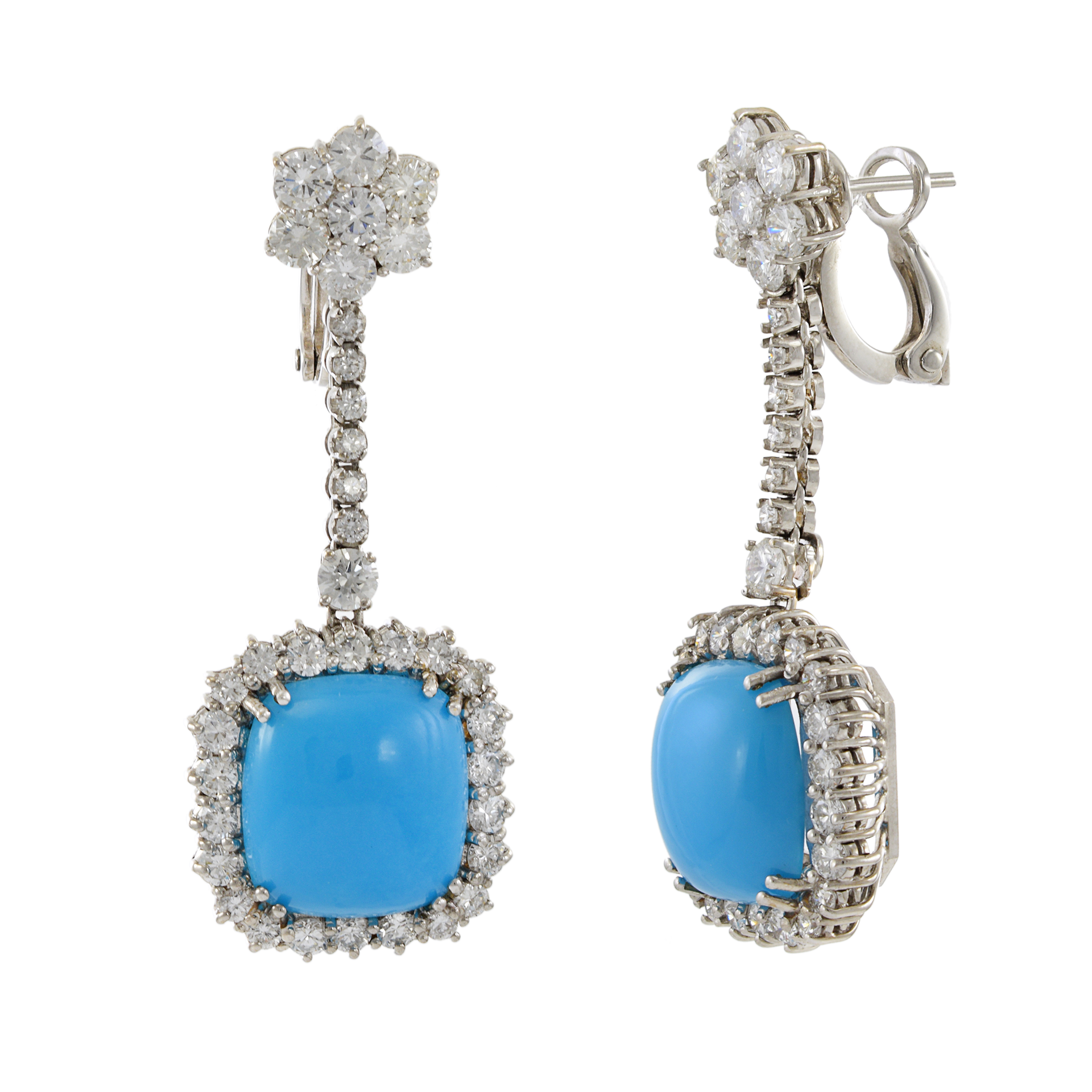 Estate 18KT Natural Sleeping Beauty Cushion Cut Turquoise Earrings with Diamonds