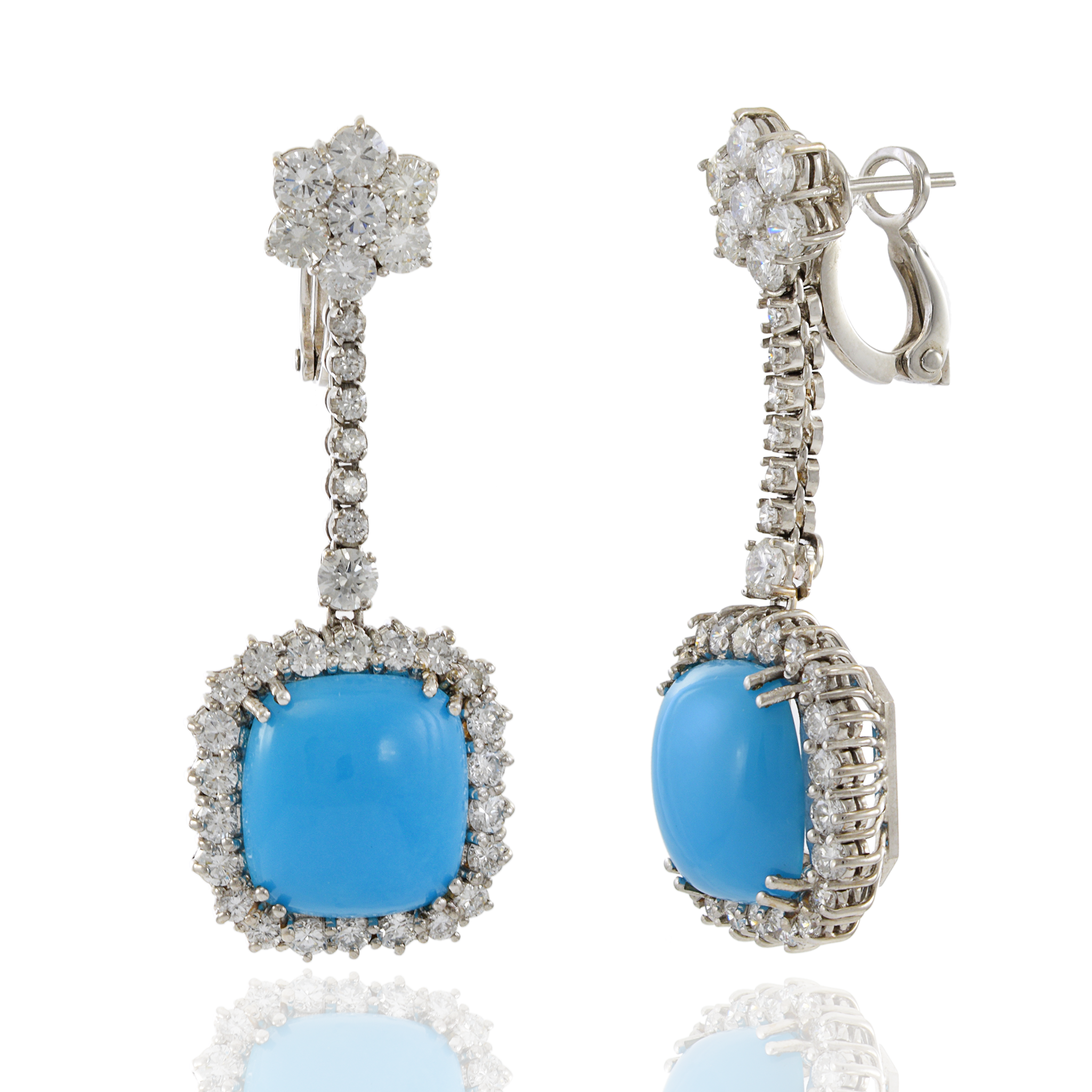 Estate 18KT Natural Sleeping Beauty Cushion Cut Turquoise Earrings with Diamonds