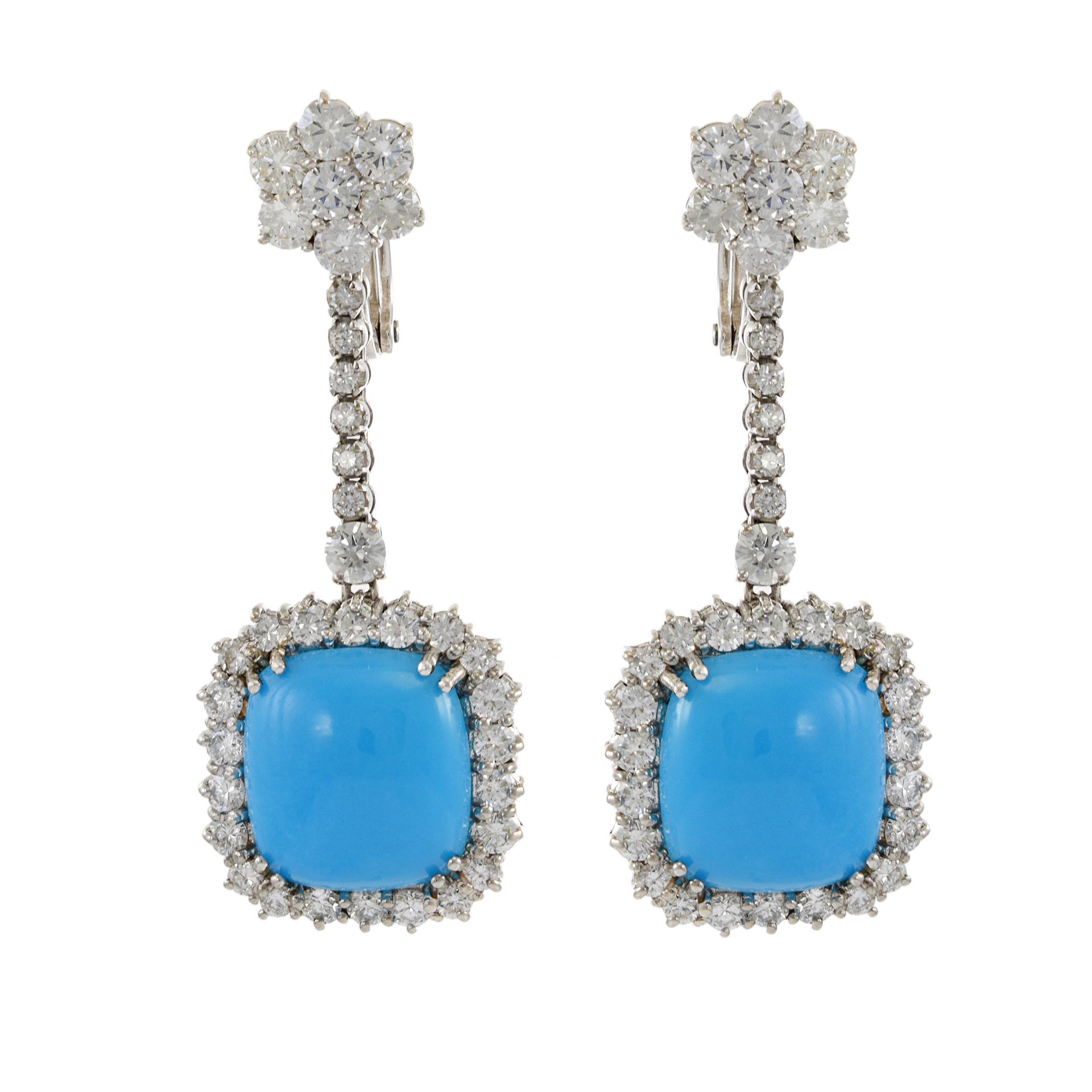 Estate 18KT Natural Sleeping Beauty Cushion Cut Turquoise Earrings with Diamonds