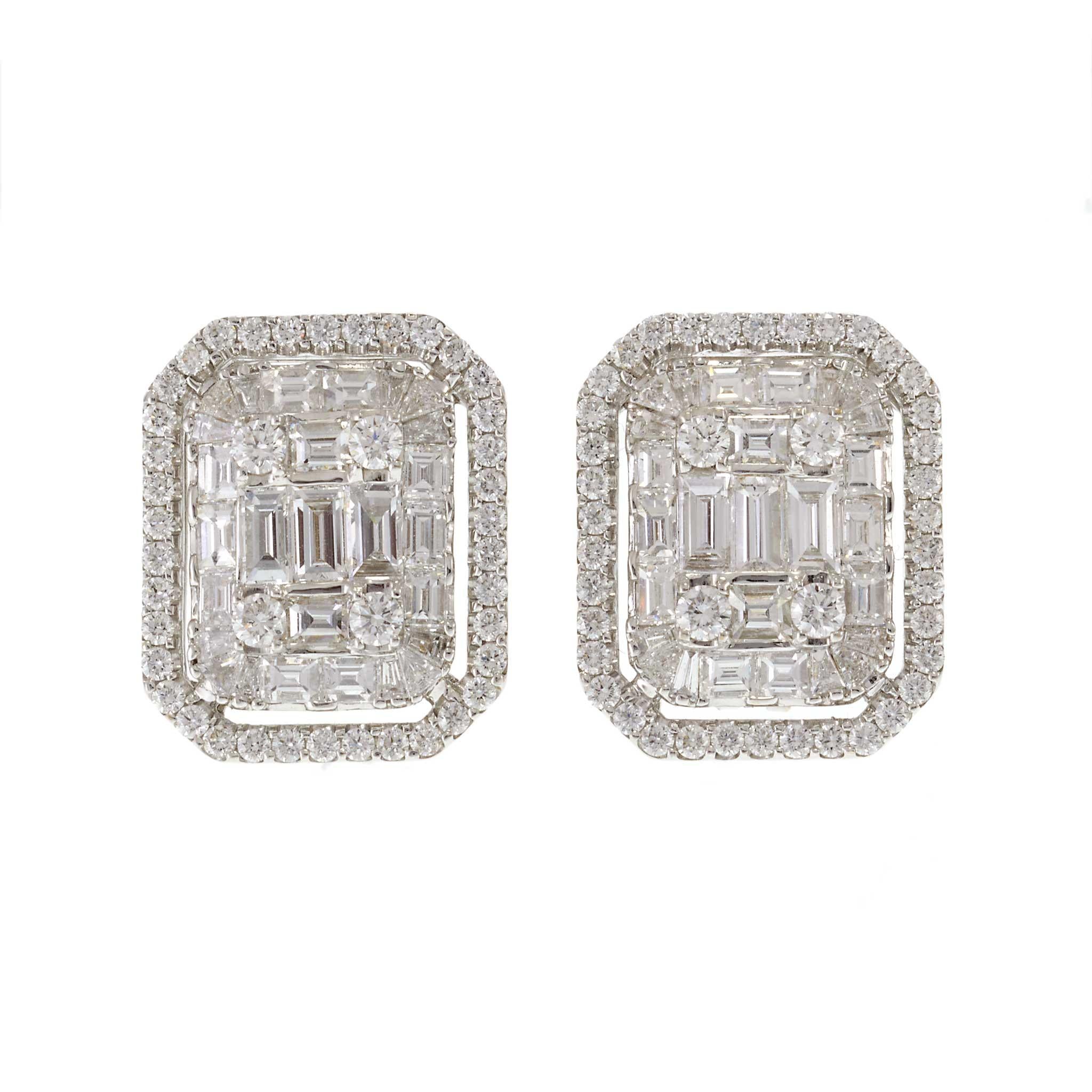 18KT White Gold Round and Baguette Diamond Cluster Earrings