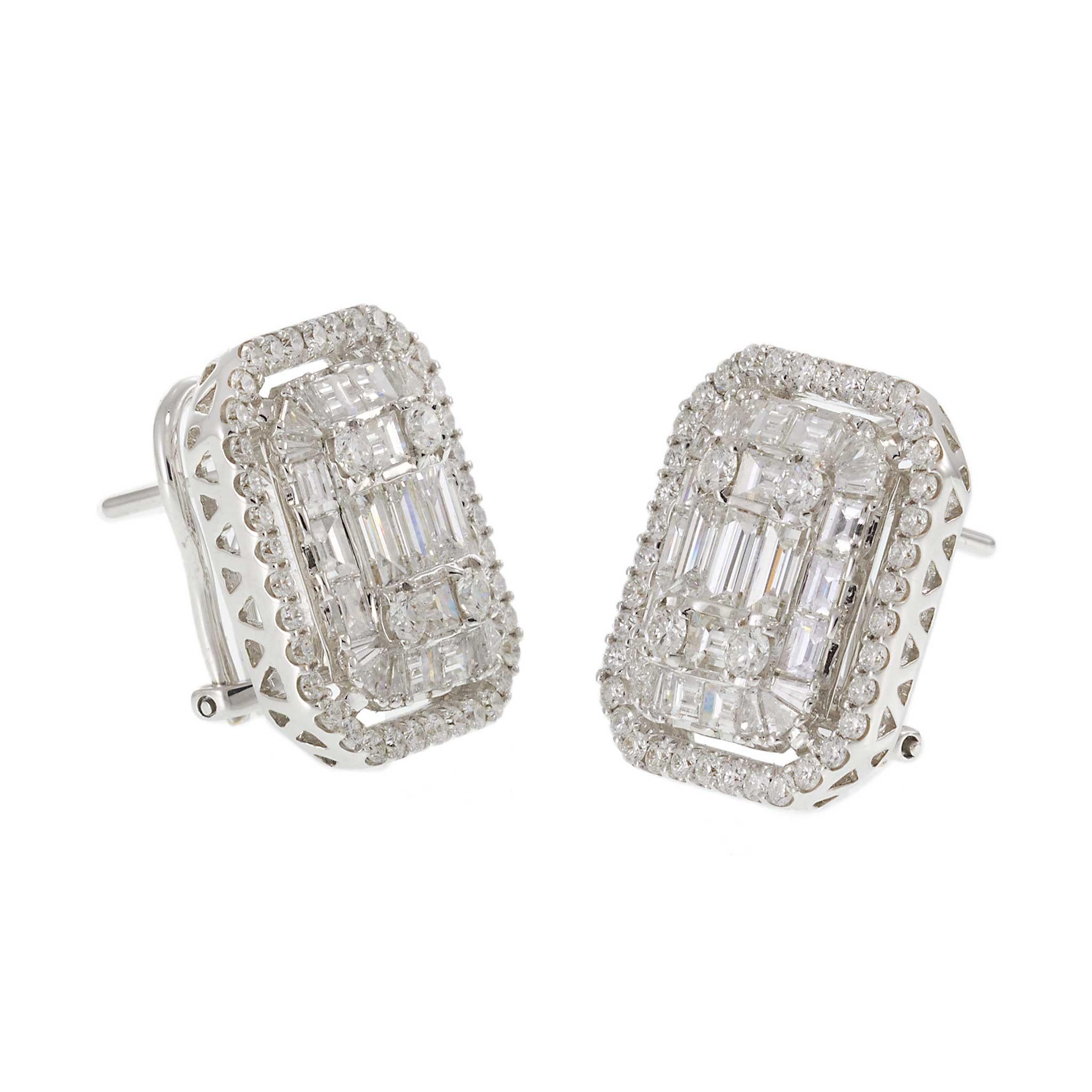 18KT White Gold Round and Baguette Diamond Cluster Earrings