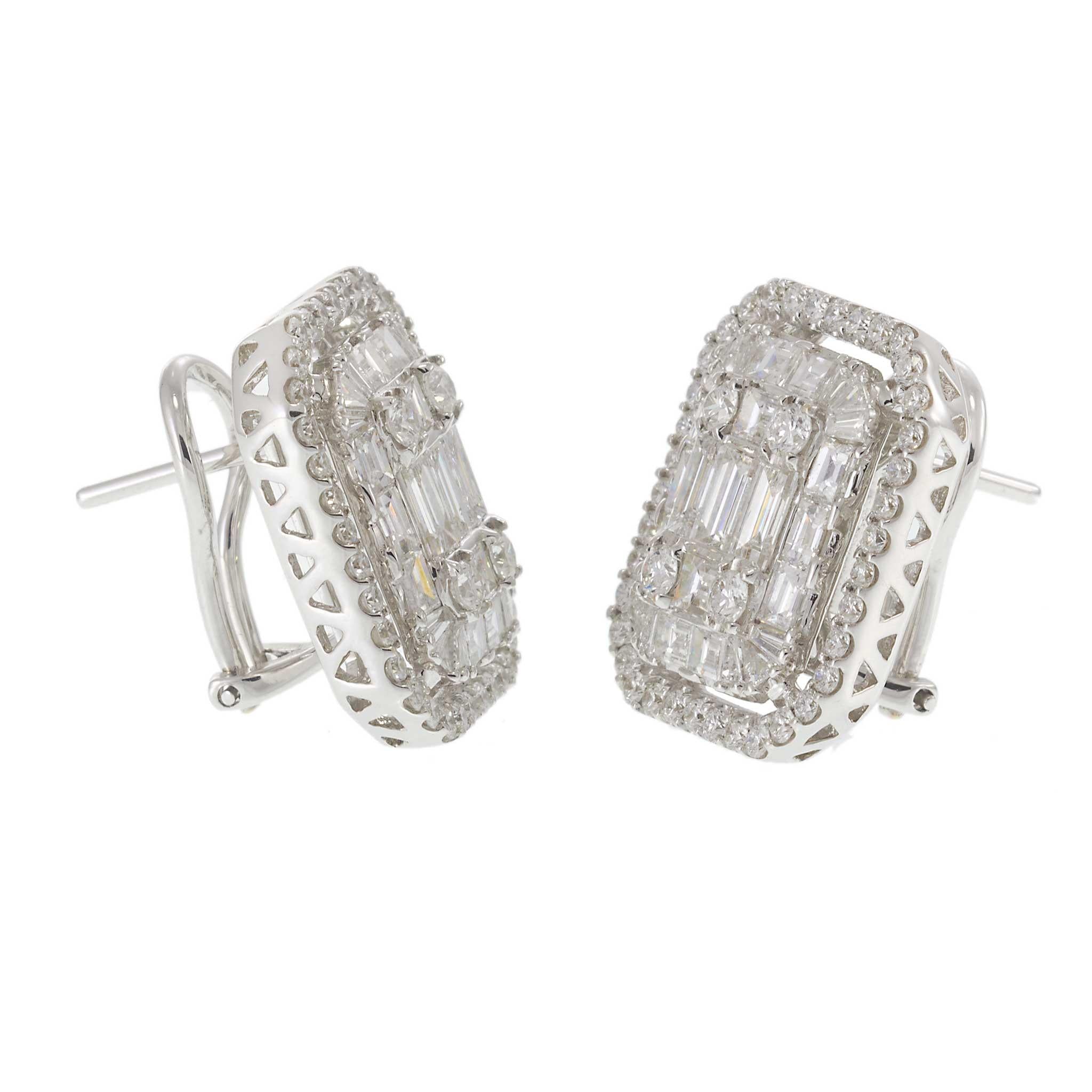 18KT White Gold Round and Baguette Diamond Cluster Earrings