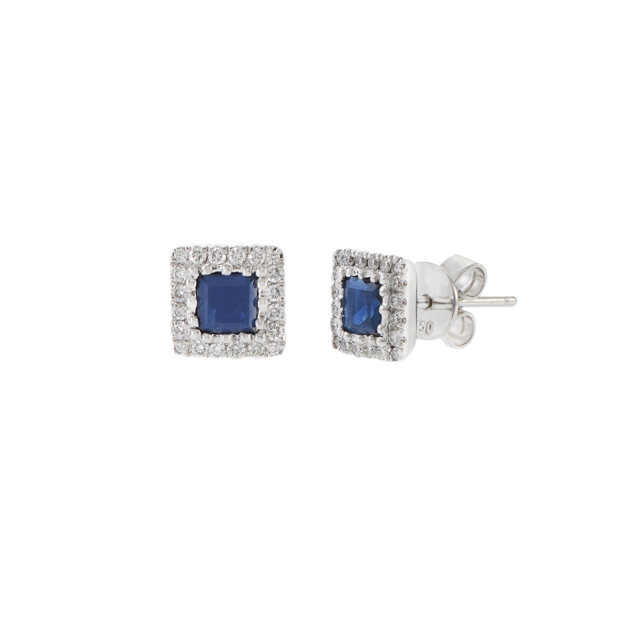 18KT White Gold Princess Cut Sapphire and Diamond Earrings