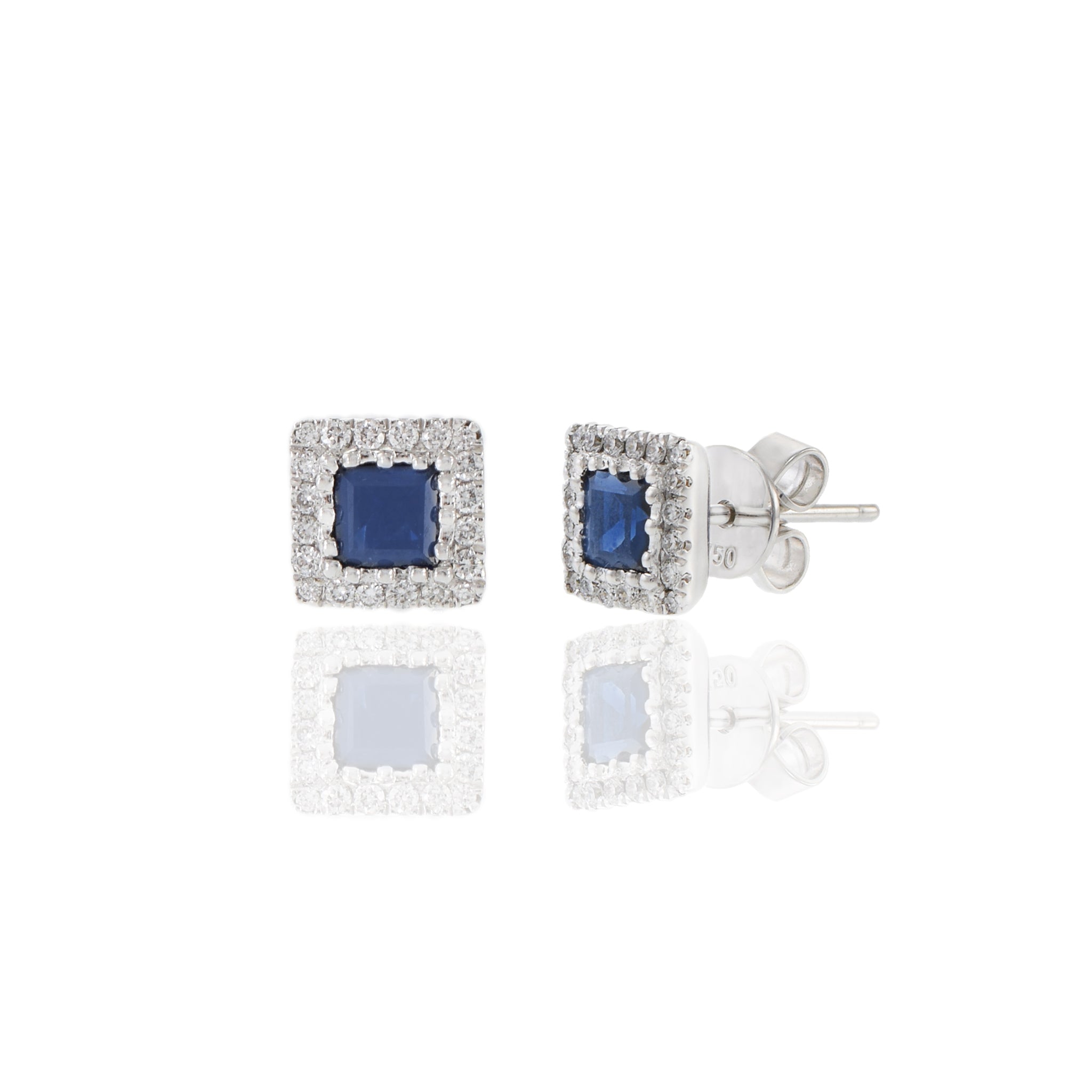 18KT White Gold Princess Cut Sapphire and Diamond Earrings