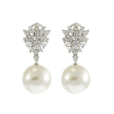 18KT White Gold 14mm South Sea Pearl and Multi-Cut Diamond Earrings