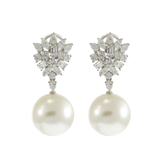 18KT White Gold 14mm South Sea Pearl and Multi-Cut Diamond Earrings