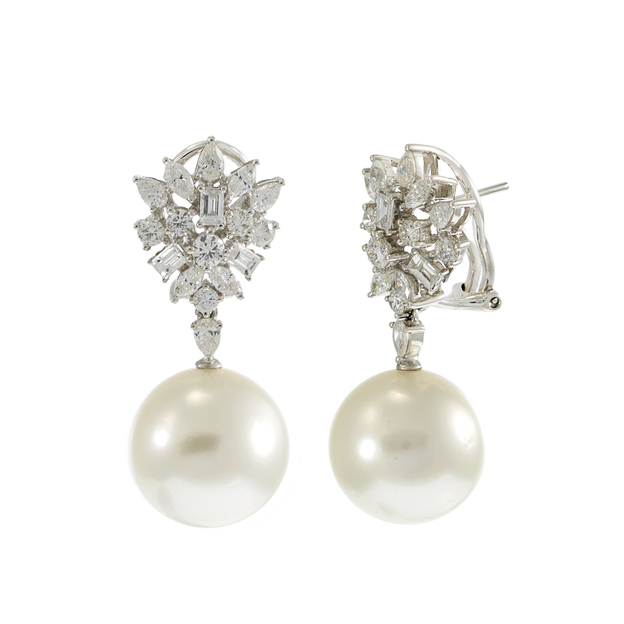 18KT White Gold 14mm South Sea Pearl and Multi-Cut Diamond Earrings