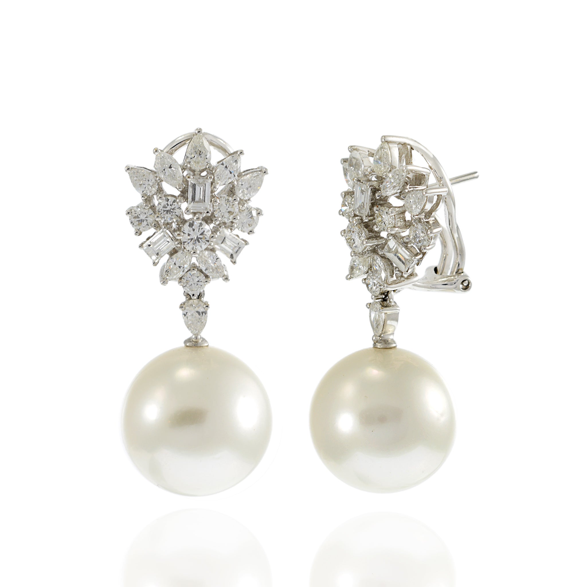 18KT White Gold 14mm South Sea Pearl and Multi-Cut Diamond Earrings