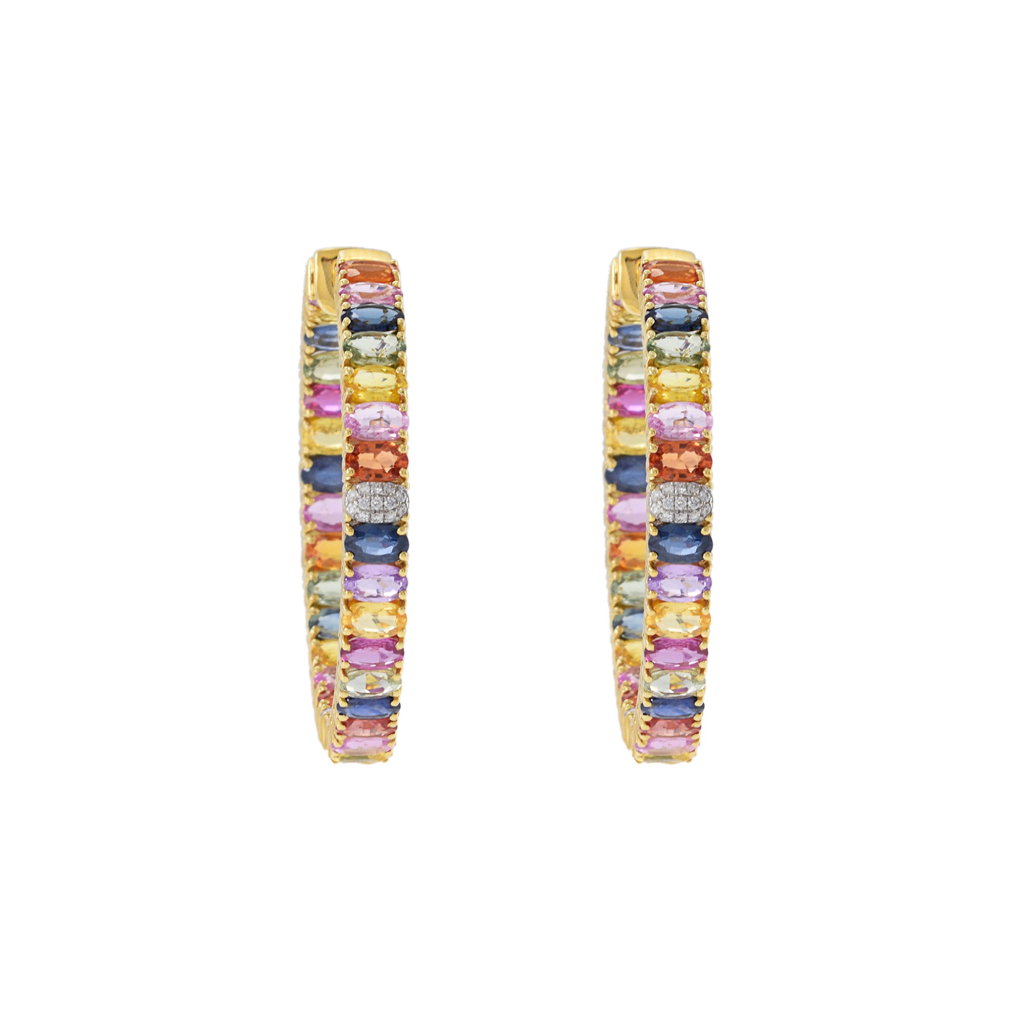 18KT Yellow Gold Multi-Color Oval Sapphire and Diamond Hoop Earrings