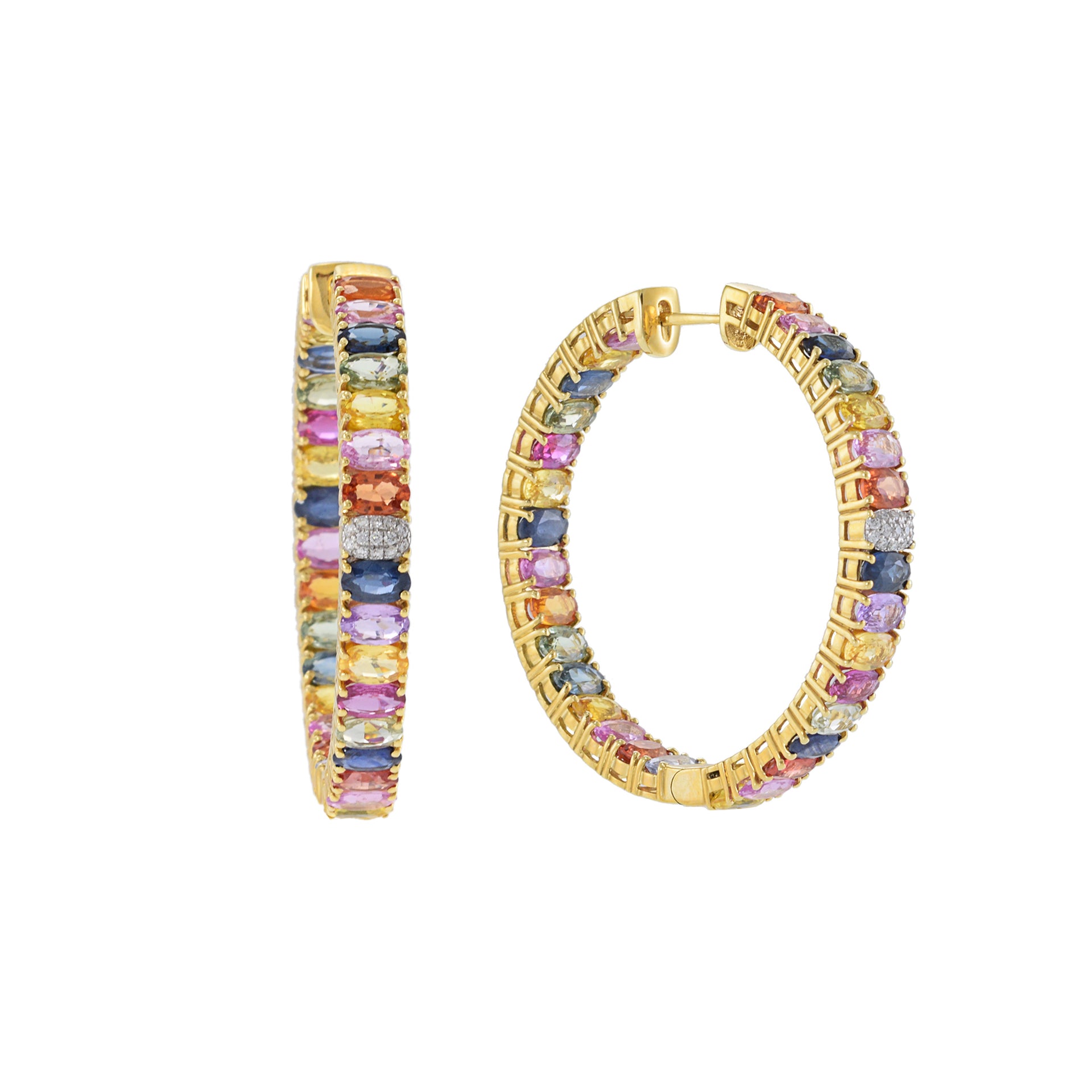 18KT Yellow Gold Multi-Color Oval Sapphire and Diamond Hoop Earrings