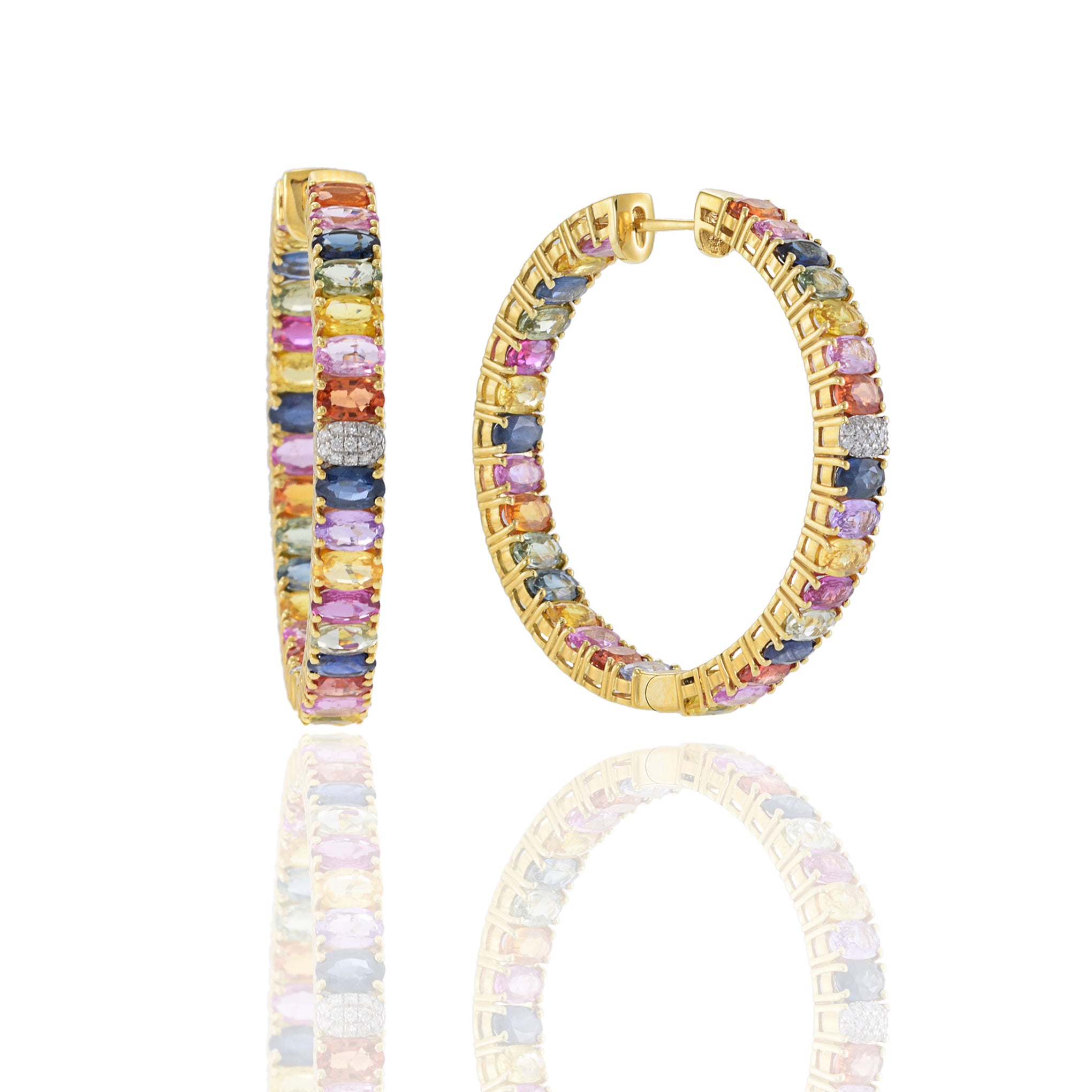 18KT Yellow Gold Multi-Color Oval Sapphire and Diamond Hoop Earrings