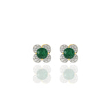 18KT Yellow Gold Emerald And Diamond Flower Earrings