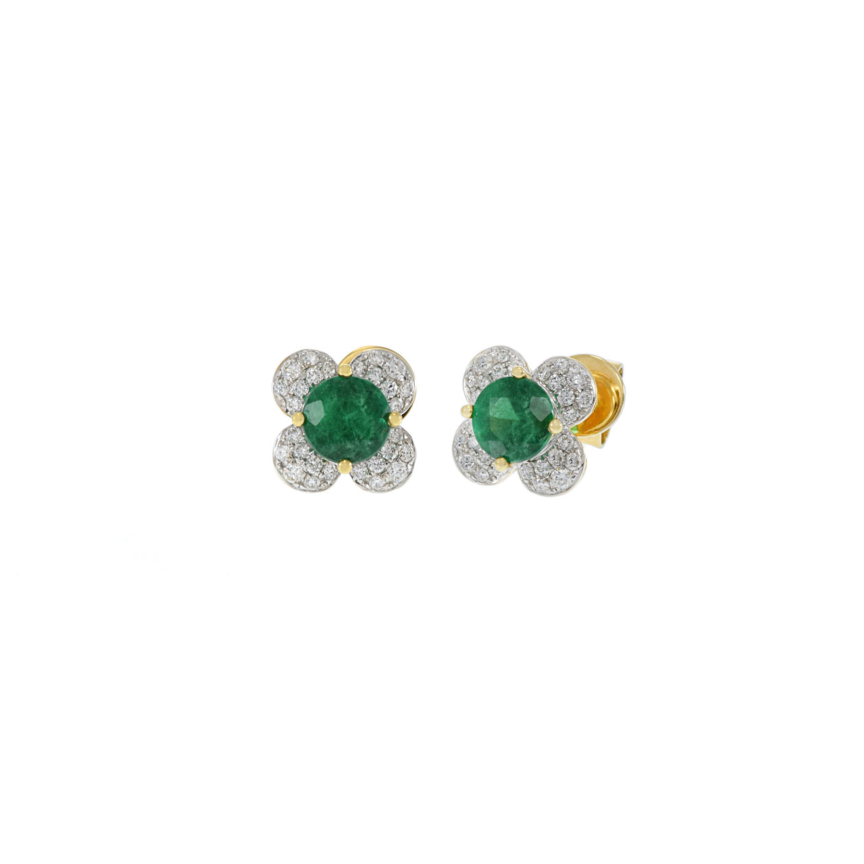 18KT Yellow Gold Emerald And Diamond Flower Earrings