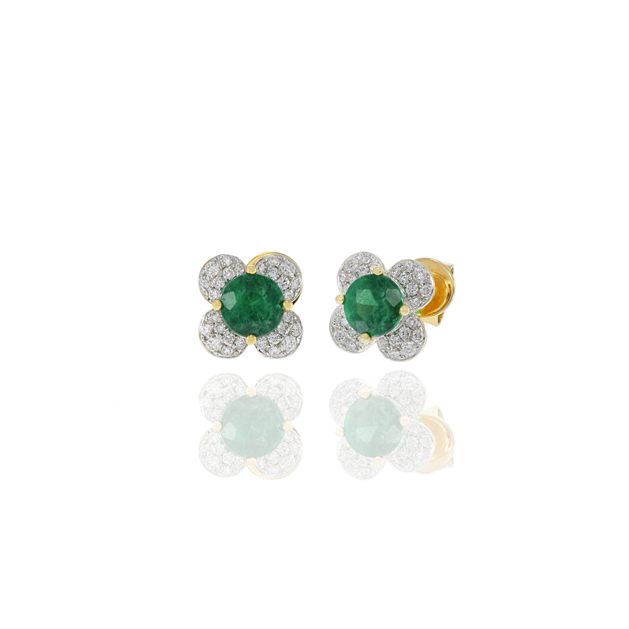 18KT Yellow Gold Emerald And Diamond Flower Earrings