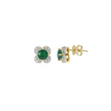 18KT Yellow Gold Emerald And Diamond Flower Earrings