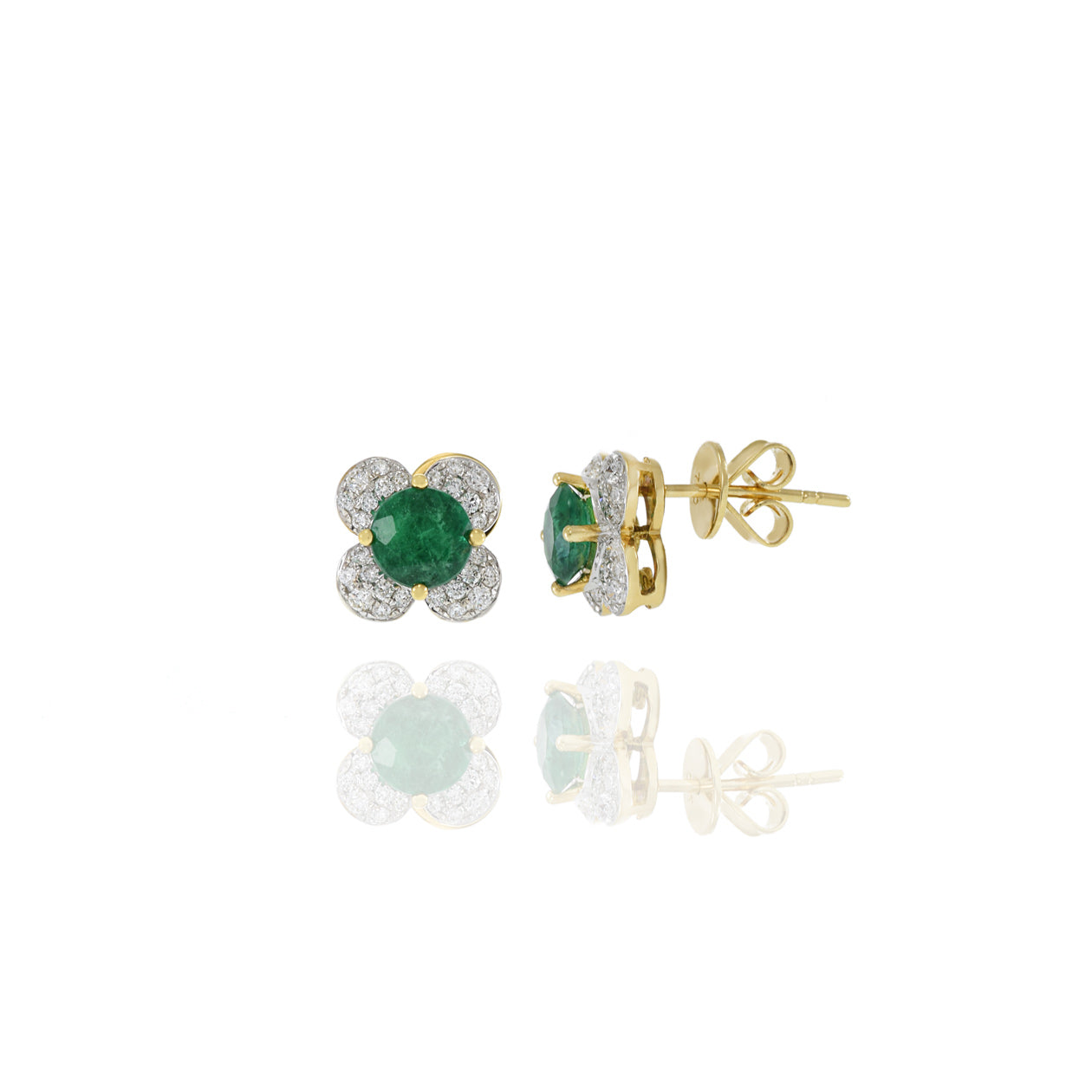18KT Yellow Gold Emerald And Diamond Flower Earrings