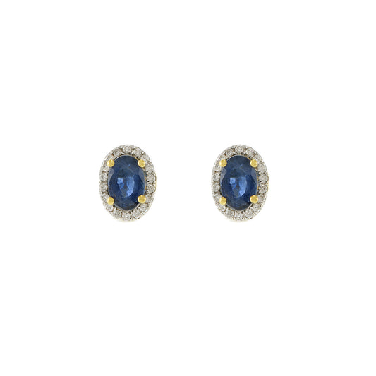 18KT Yellow Gold Oval Blue Sapphire And Diamond Earrings