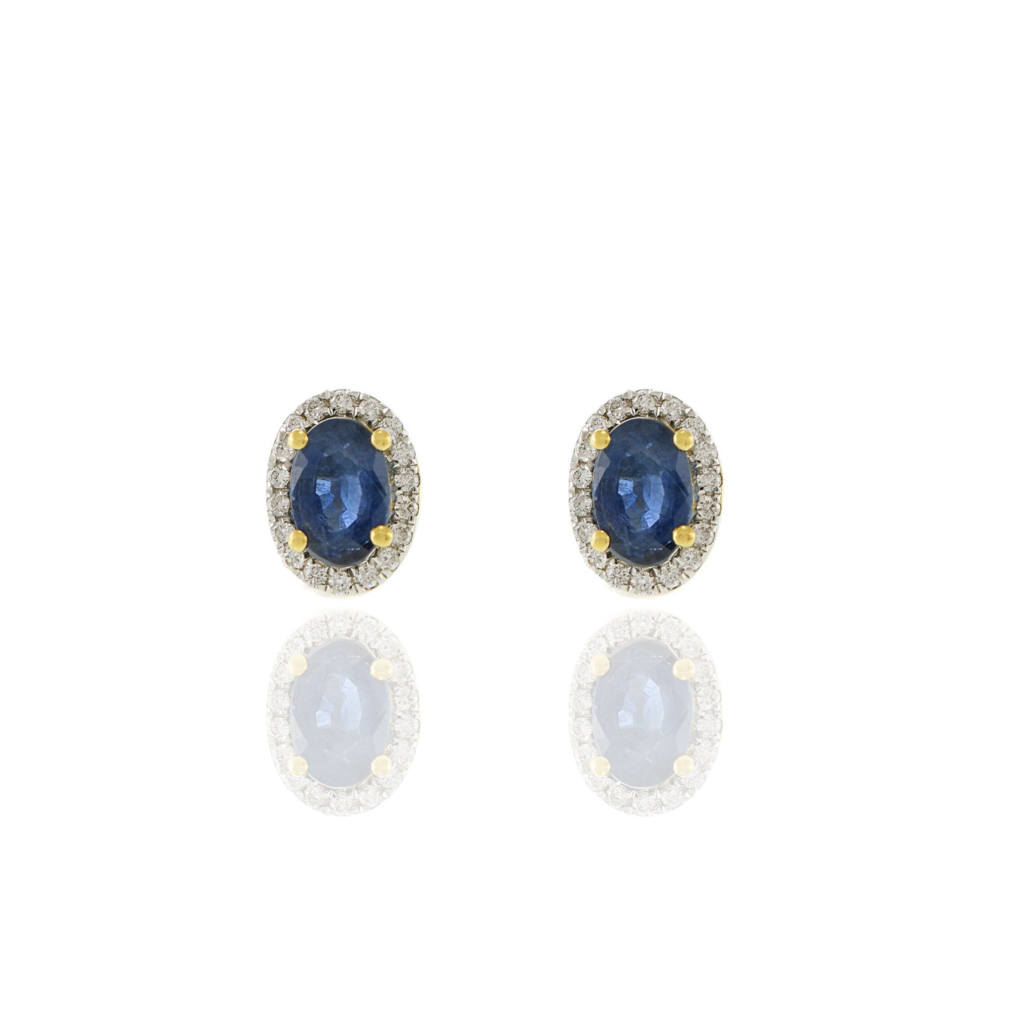 18KT Yellow Gold Oval Blue Sapphire And Diamond Earrings