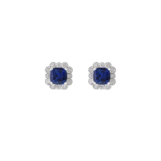 18KT White Gold Cushion Cut Blue Sapphire And Diamond Earrings