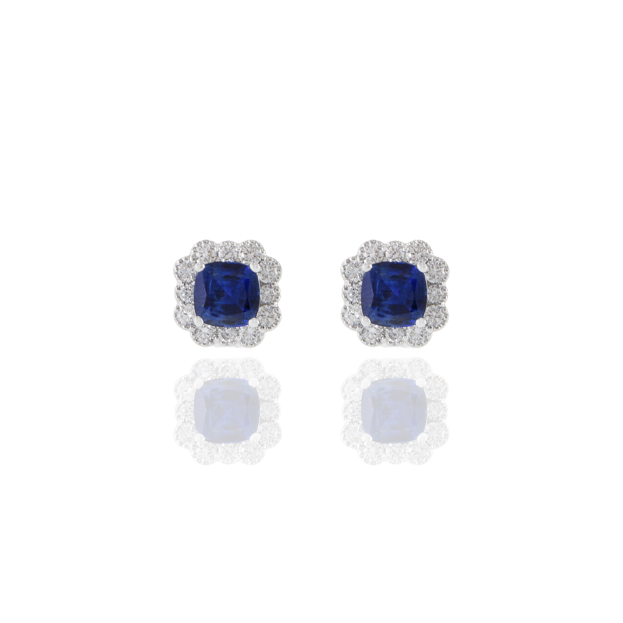 18KT White Gold Cushion Cut Blue Sapphire And Diamond Earrings