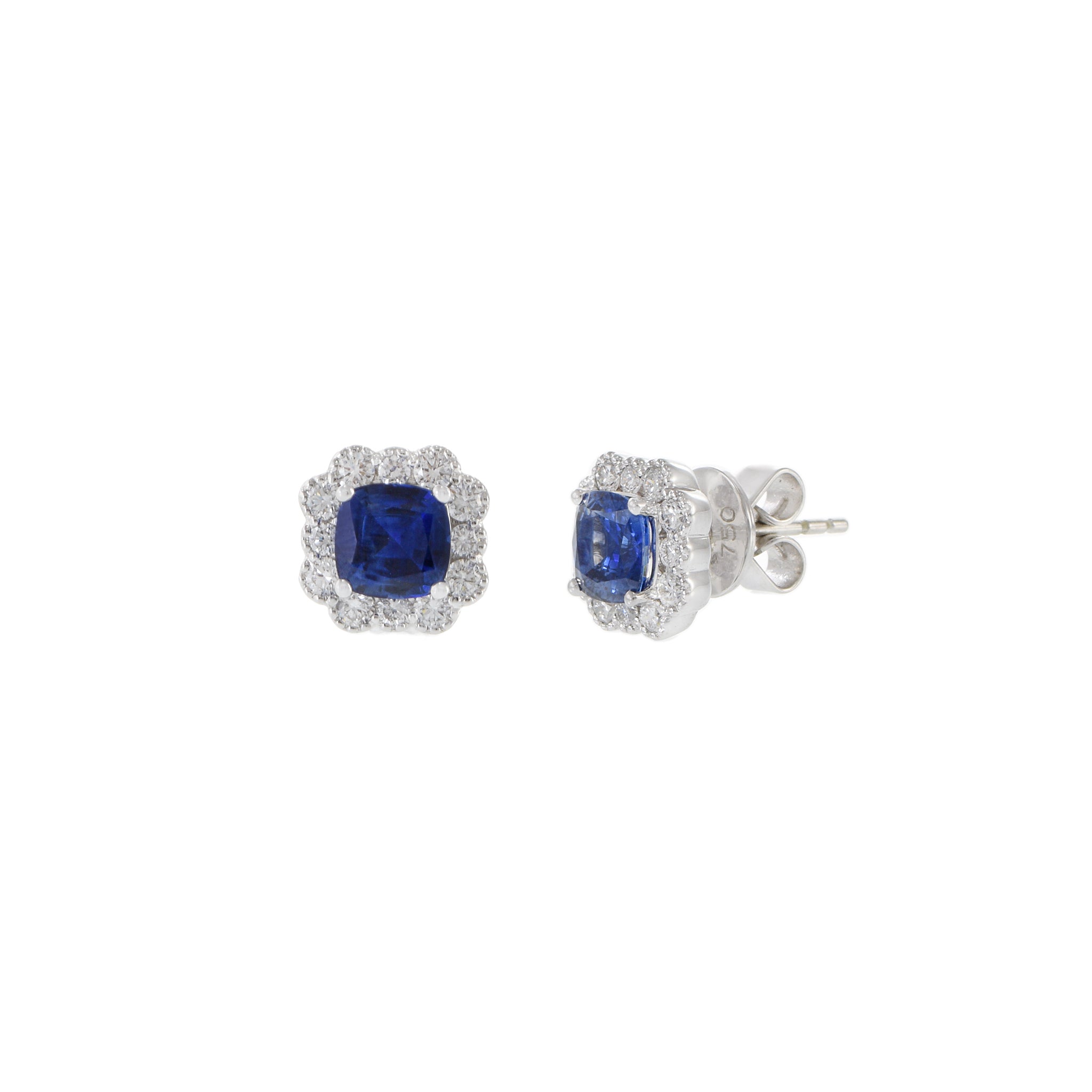 18KT White Gold Cushion Cut Blue Sapphire And Diamond Earrings