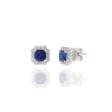 18KT White Gold Cushion Cut Blue Sapphire And Diamond Earrings