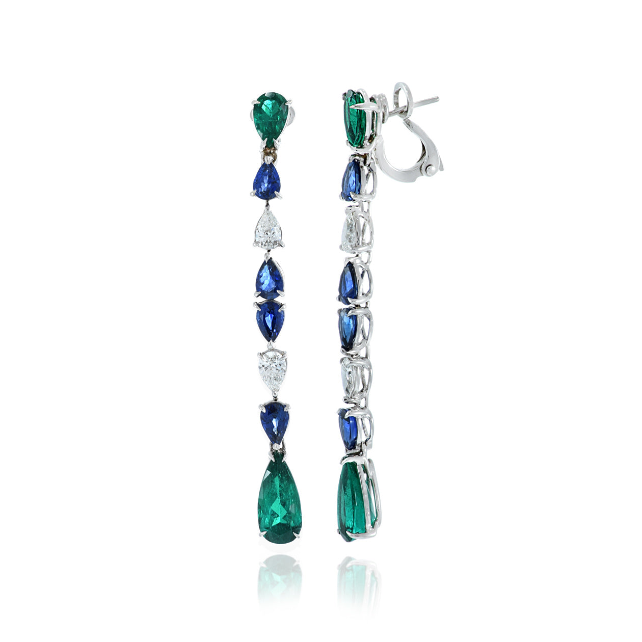 18KT White Gold Emerald, Sapphire and Diamond Drop Earrings