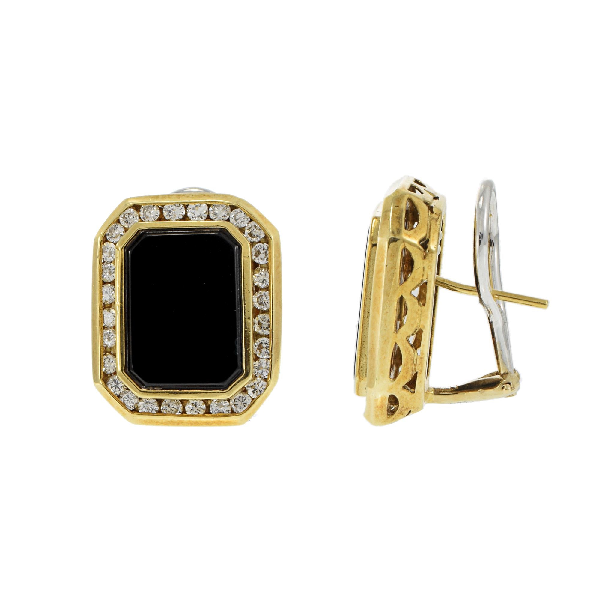 Vintage 18KT Yellow Gold Rectangular Black Onyx and Diamond Huggie Earrings