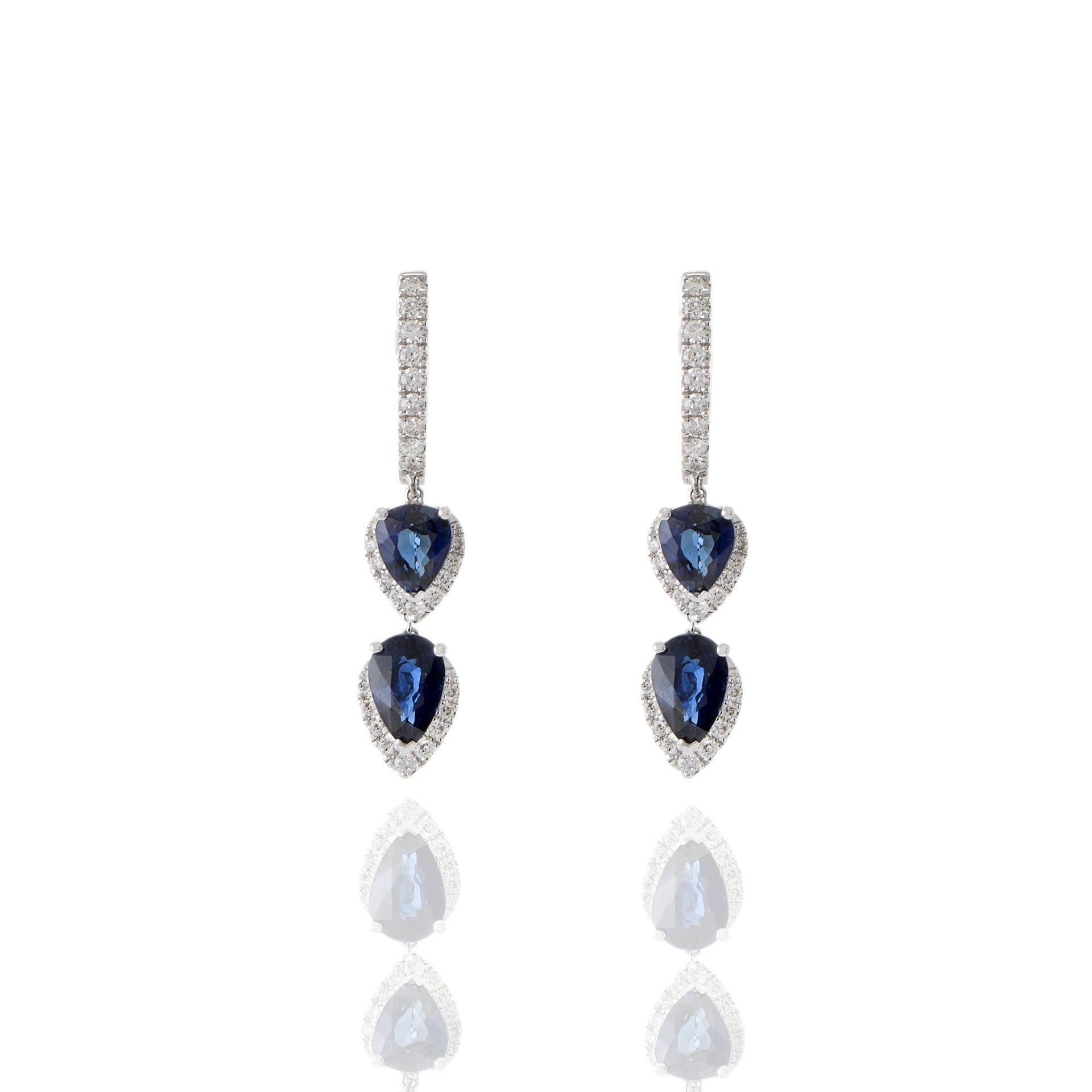 18KT White Gold Diamond And Blue Sapphire Drop Earrings