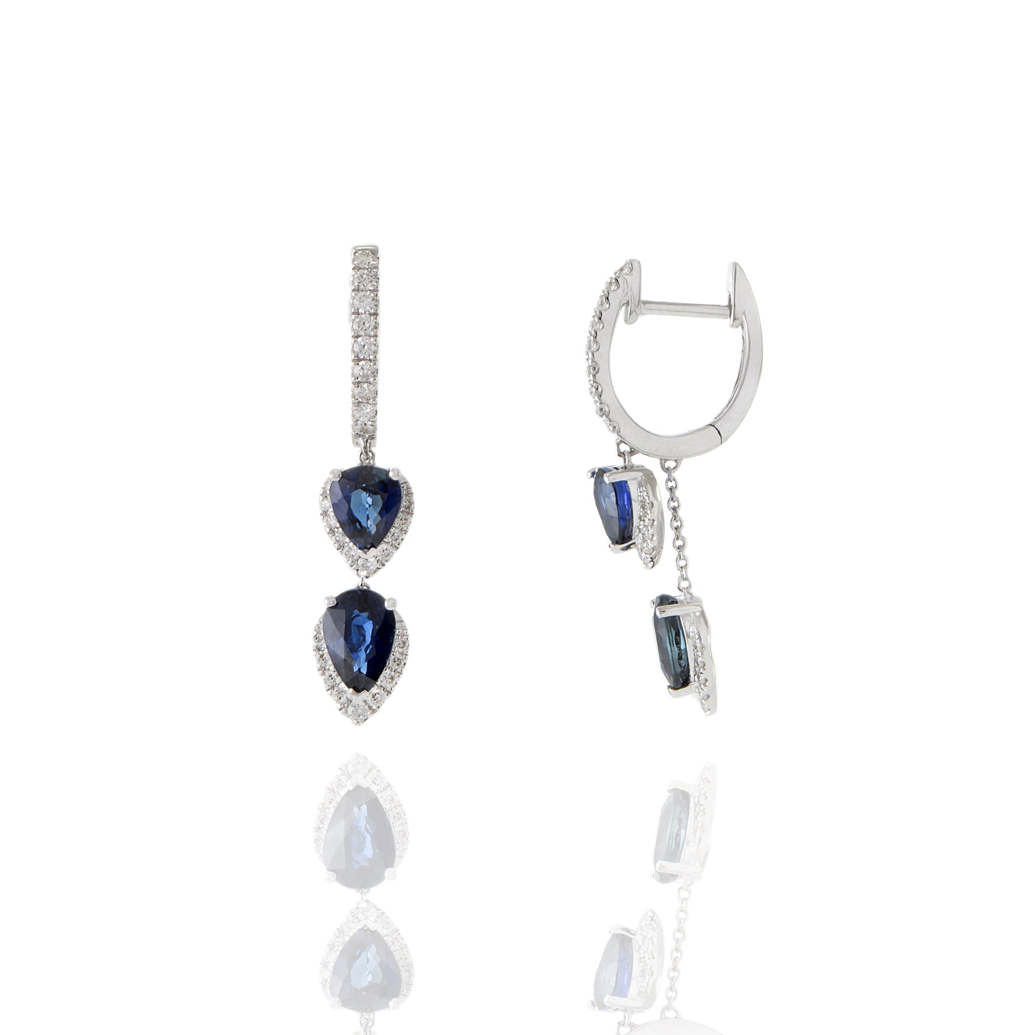 18KT White Gold Diamond And Blue Sapphire Drop Earrings