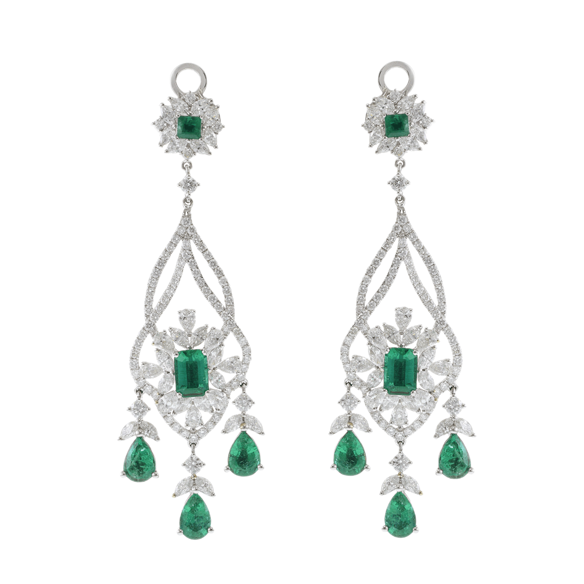 18KT White Gold Emerald and Diamond Drop Earrings