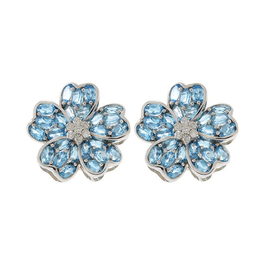 Estate 18KT White Gold Large Flower Earrings with Blue Topaz and Diamonds