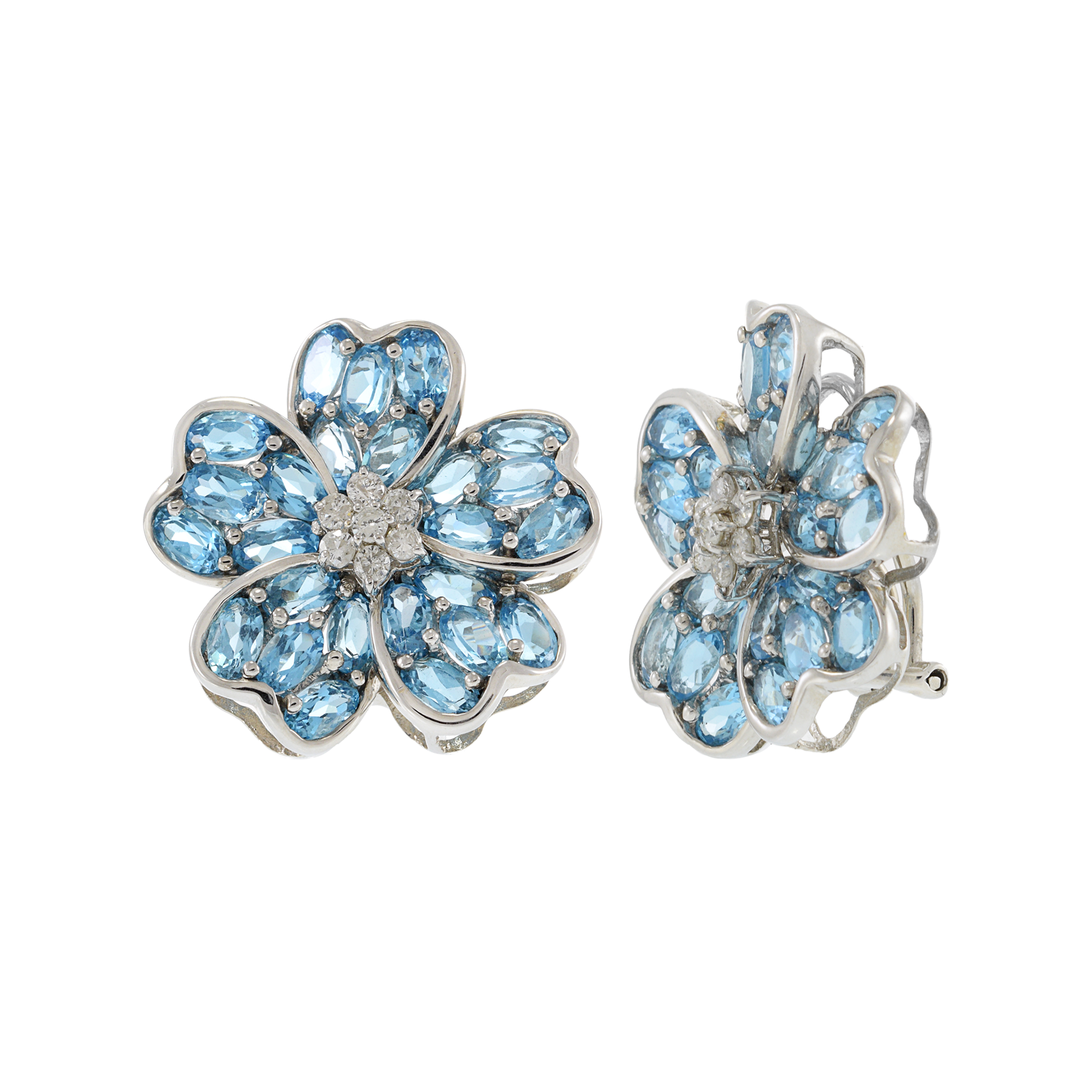 Estate 18KT White Gold Large Flower Earrings with Blue Topaz and Diamonds