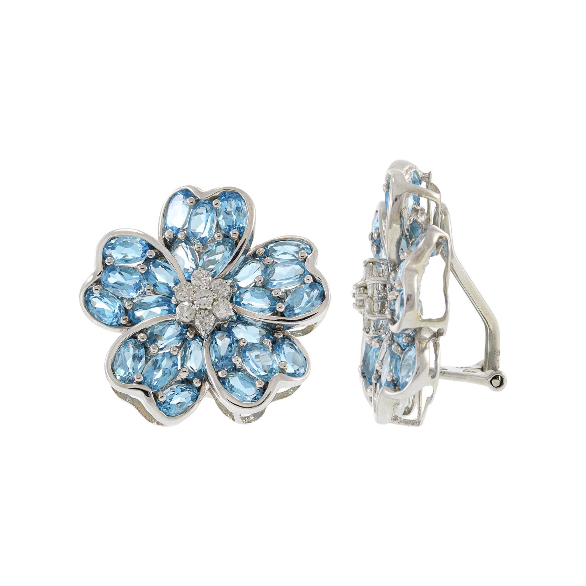 Estate 18KT White Gold Large Flower Earrings with Blue Topaz and Diamonds