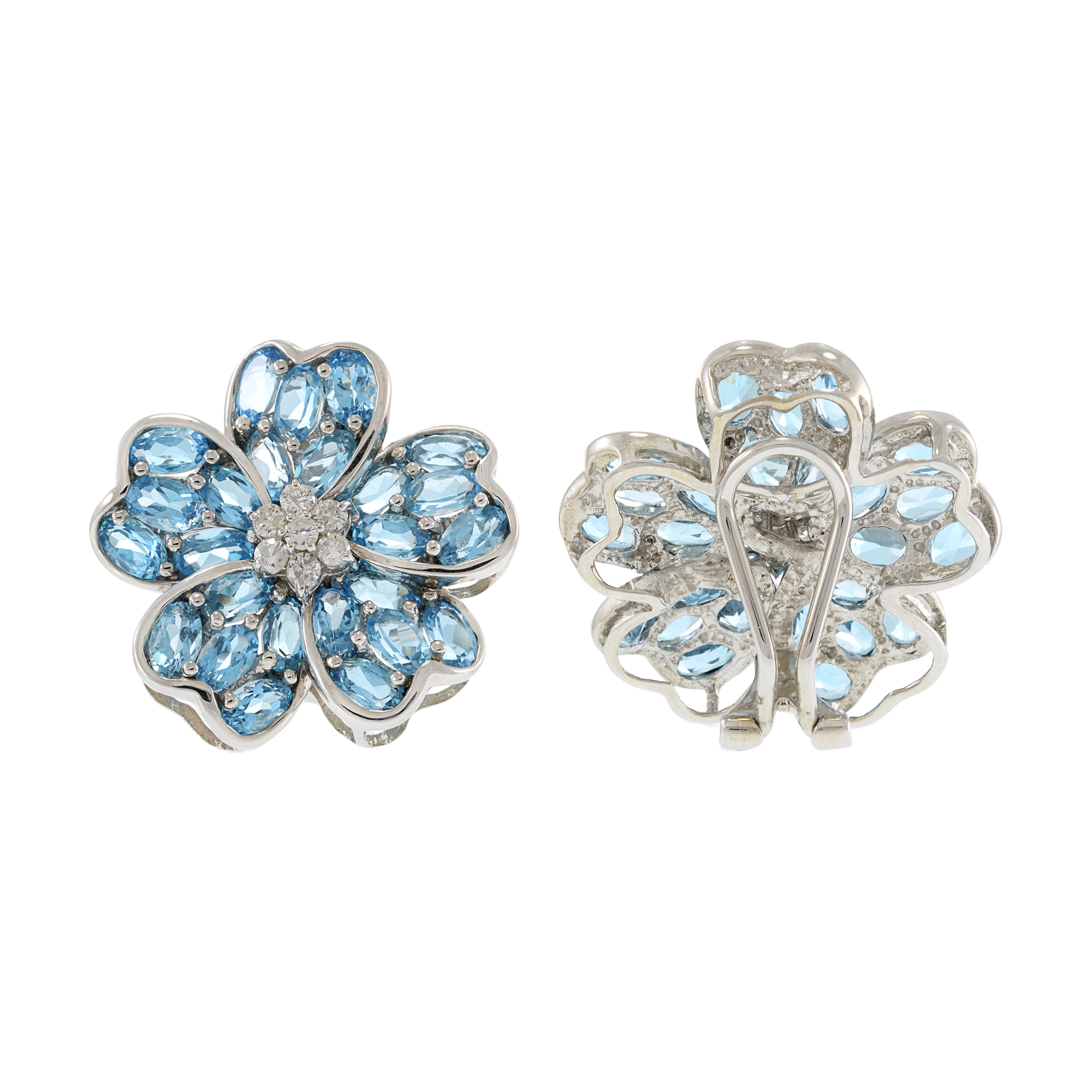 Estate 18KT White Gold Large Flower Earrings with Blue Topaz and Diamonds