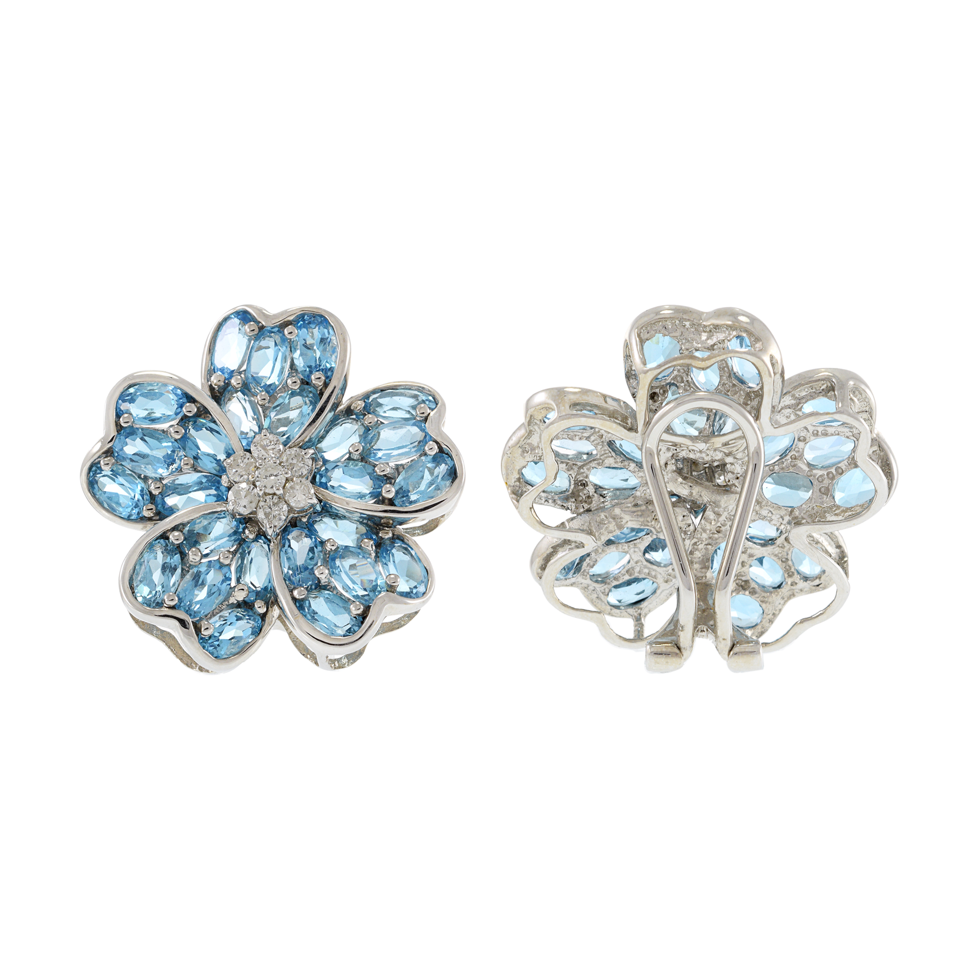 Estate 18KT White Gold Large Flower Earrings with Blue Topaz and Diamonds