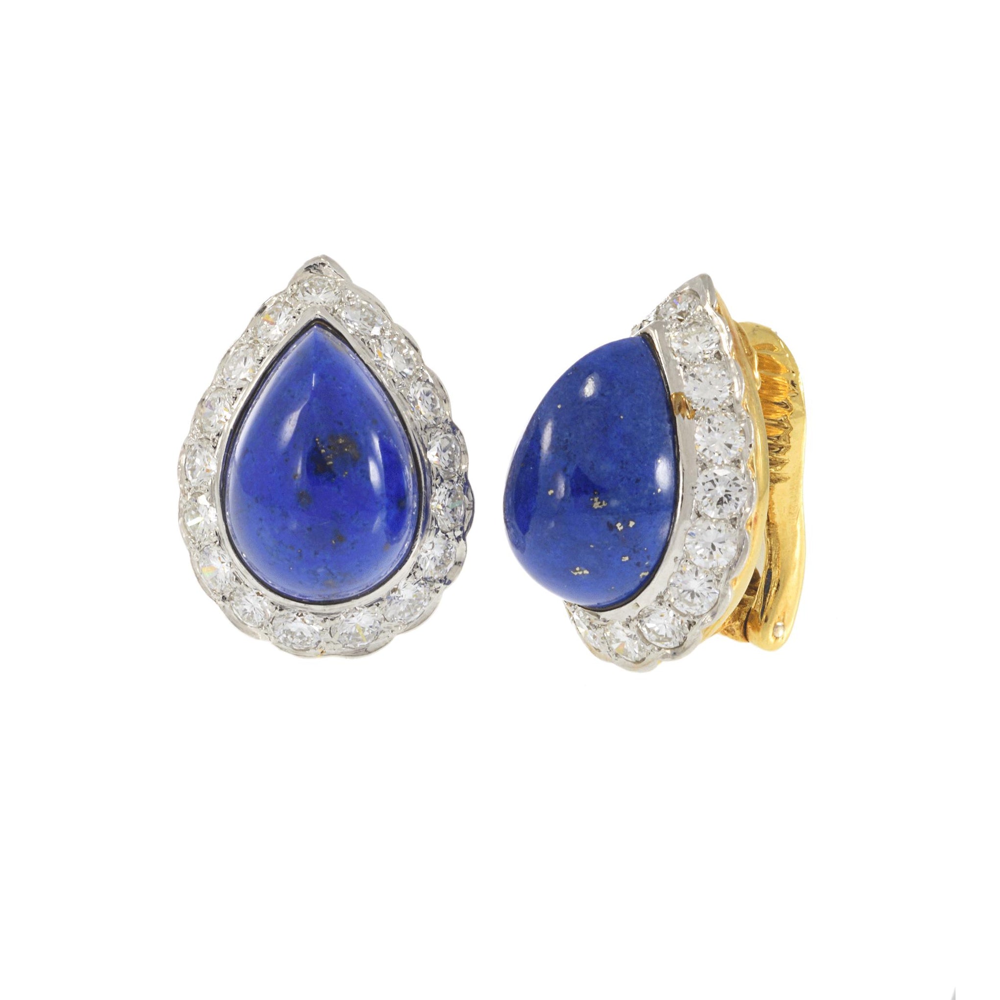 Vintage 18KT Yellow Gold Lapis Lazuli and Diamond Earrings