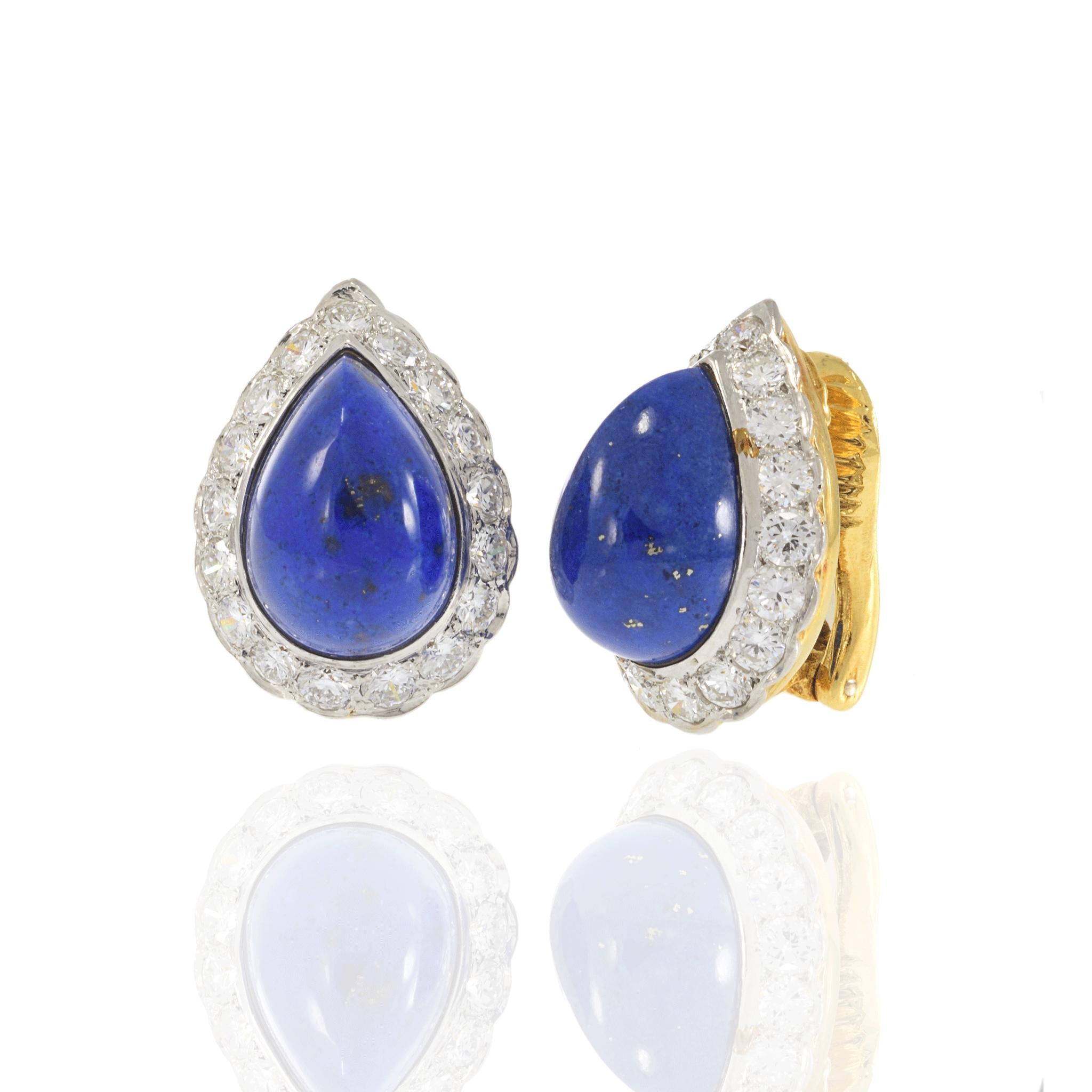 Vintage 18KT Yellow Gold Lapis Lazuli and Diamond Earrings