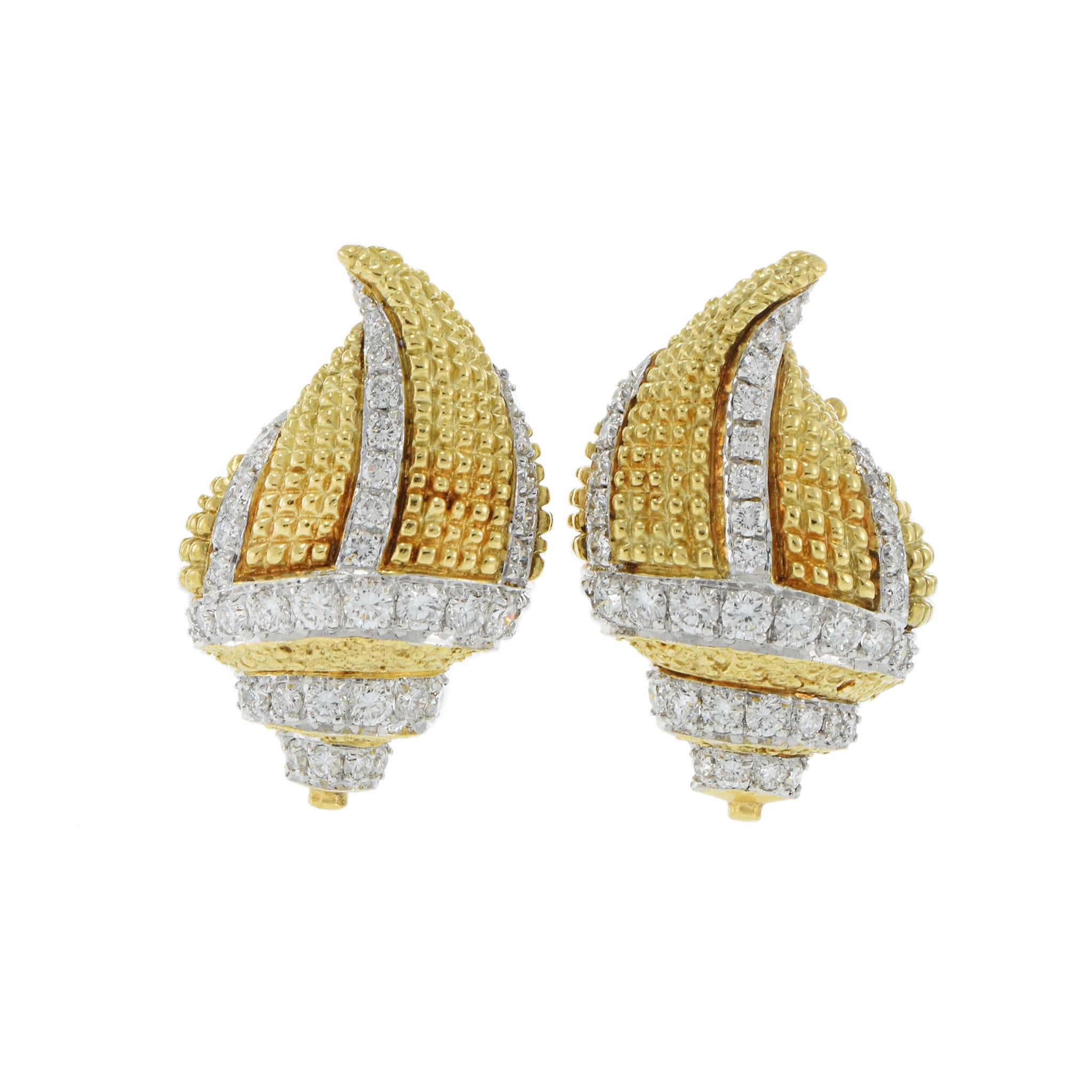 Vintage 18KT Two-Tone Gold and Diamond Conch Shell Clip Earrings