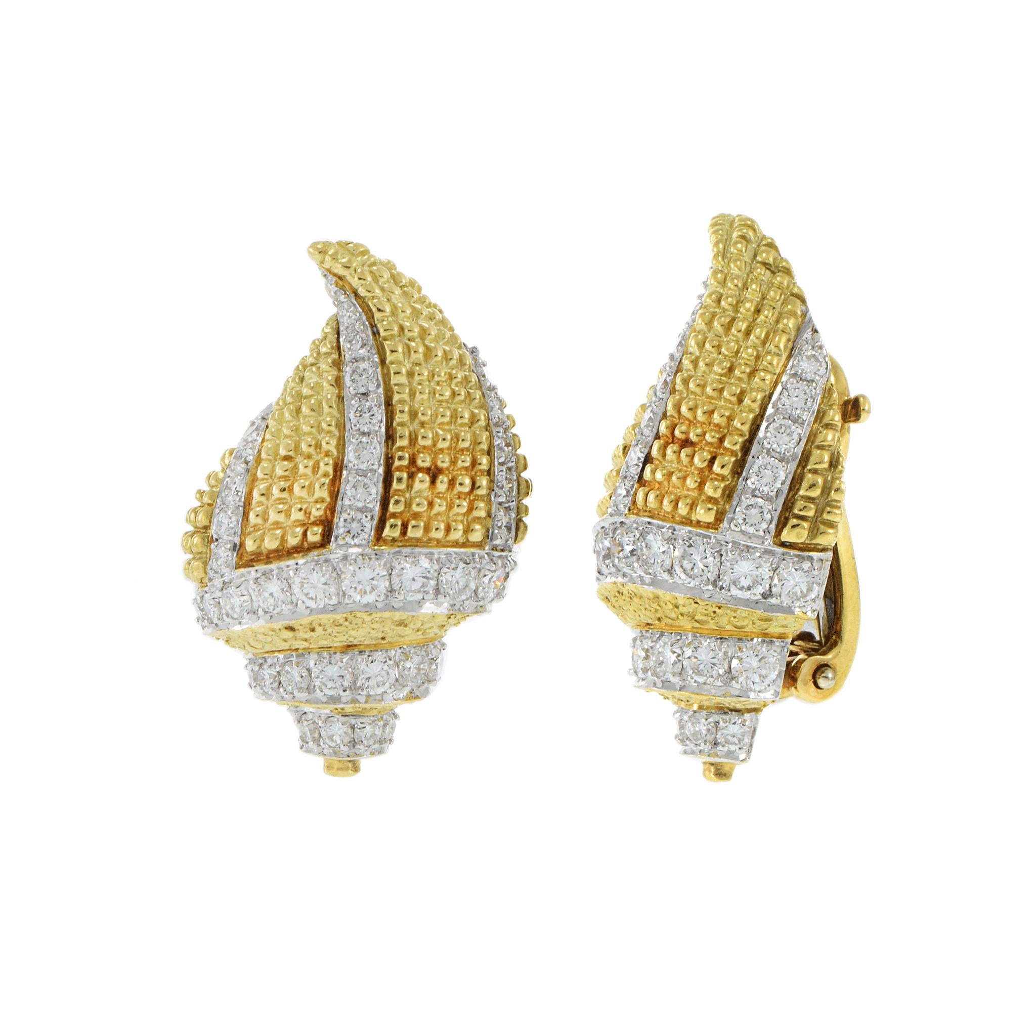 Vintage 18KT Two-Tone Gold and Diamond Conch Shell Clip Earrings