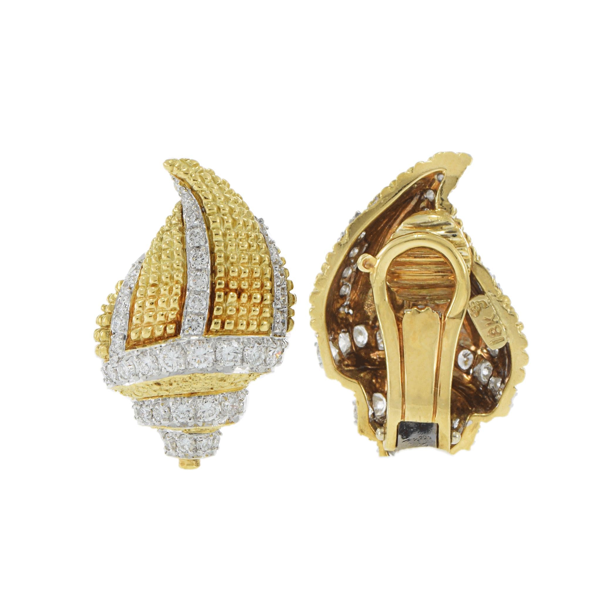 Vintage 18KT Two-Tone Gold and Diamond Conch Shell Clip Earrings