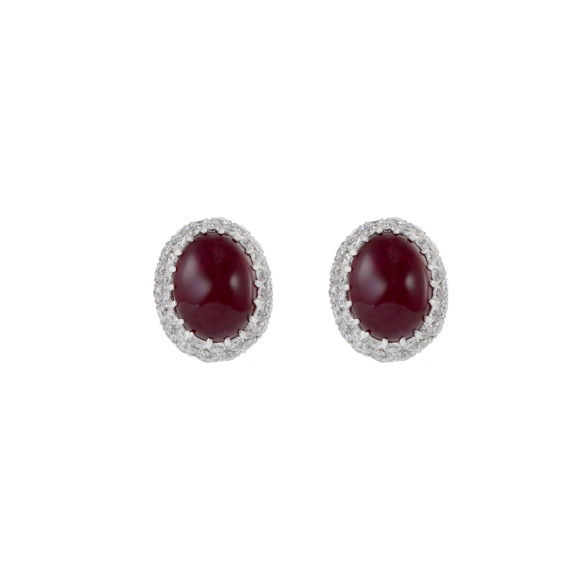 18KT White Gold Cabochon Burmese Ruby And Diamond Earrings