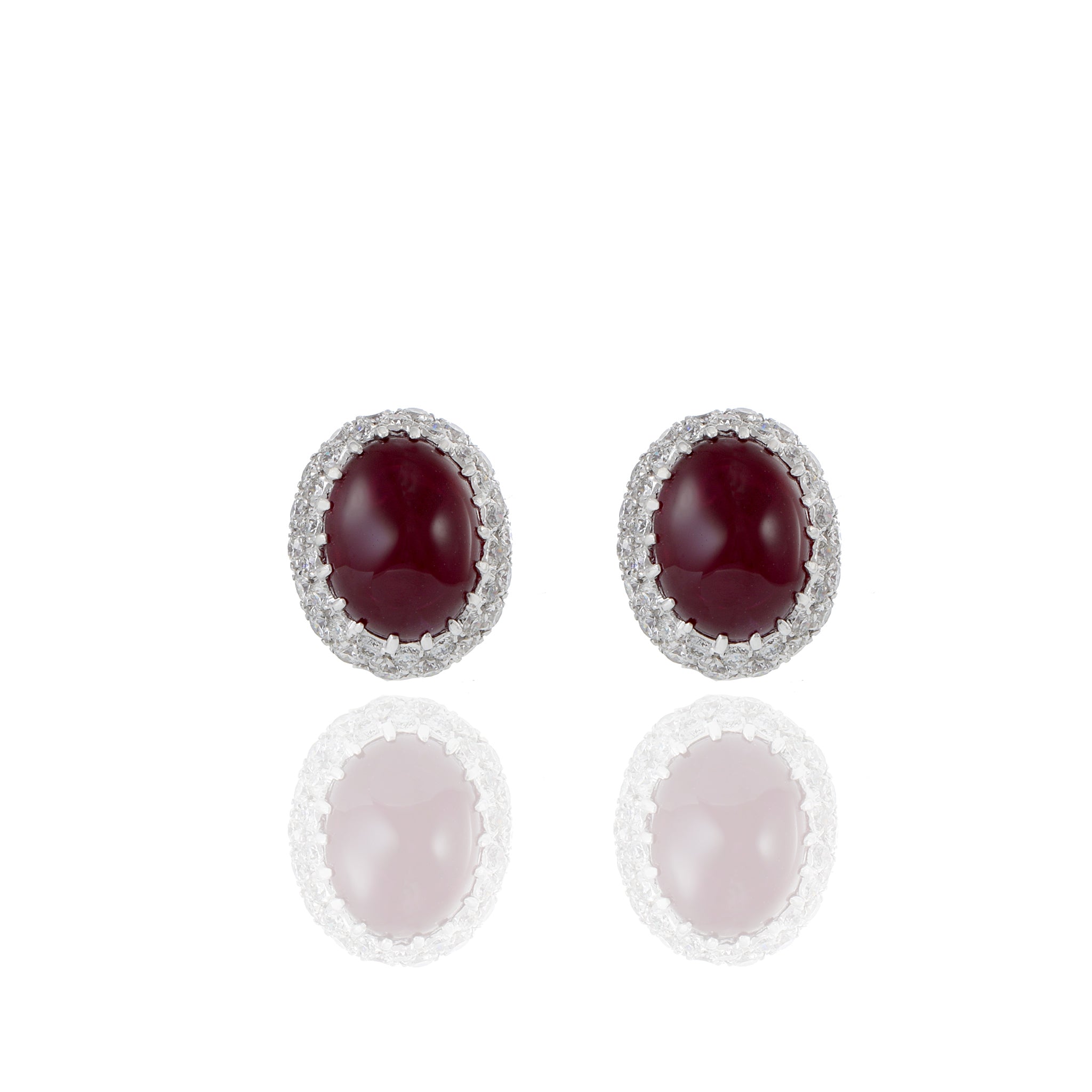 18KT White Gold Cabochon Burmese Ruby And Diamond Earrings