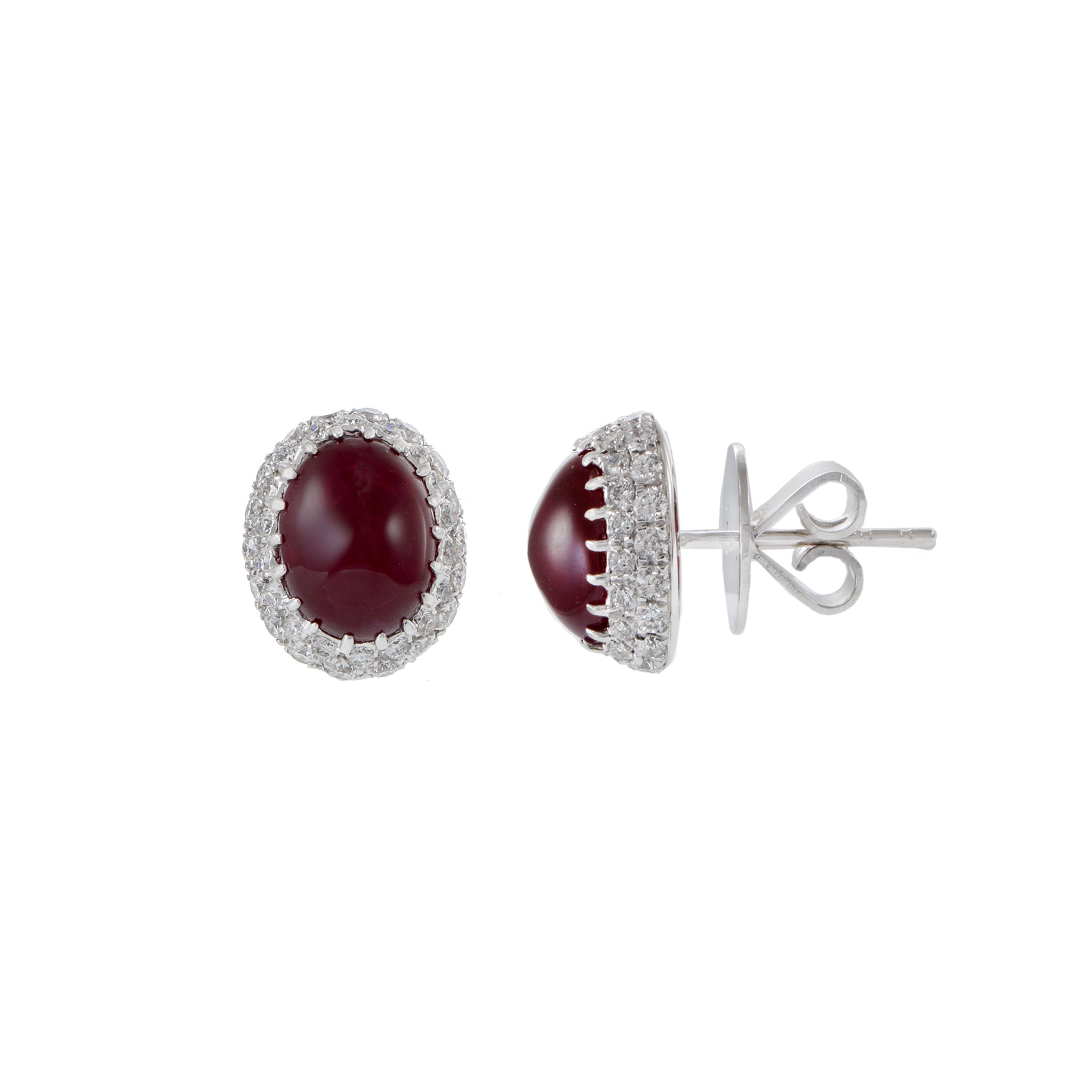 18KT White Gold Cabochon Burmese Ruby And Diamond Earrings