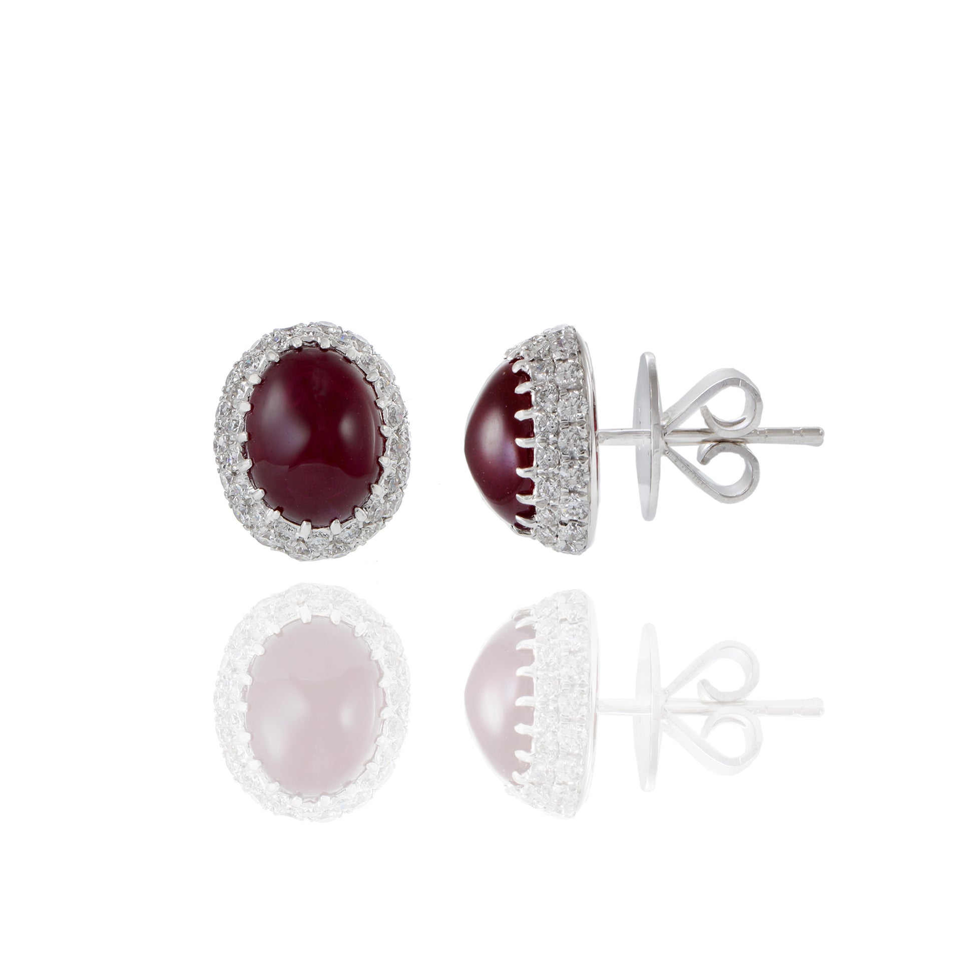 18KT White Gold Cabochon Burmese Ruby And Diamond Earrings